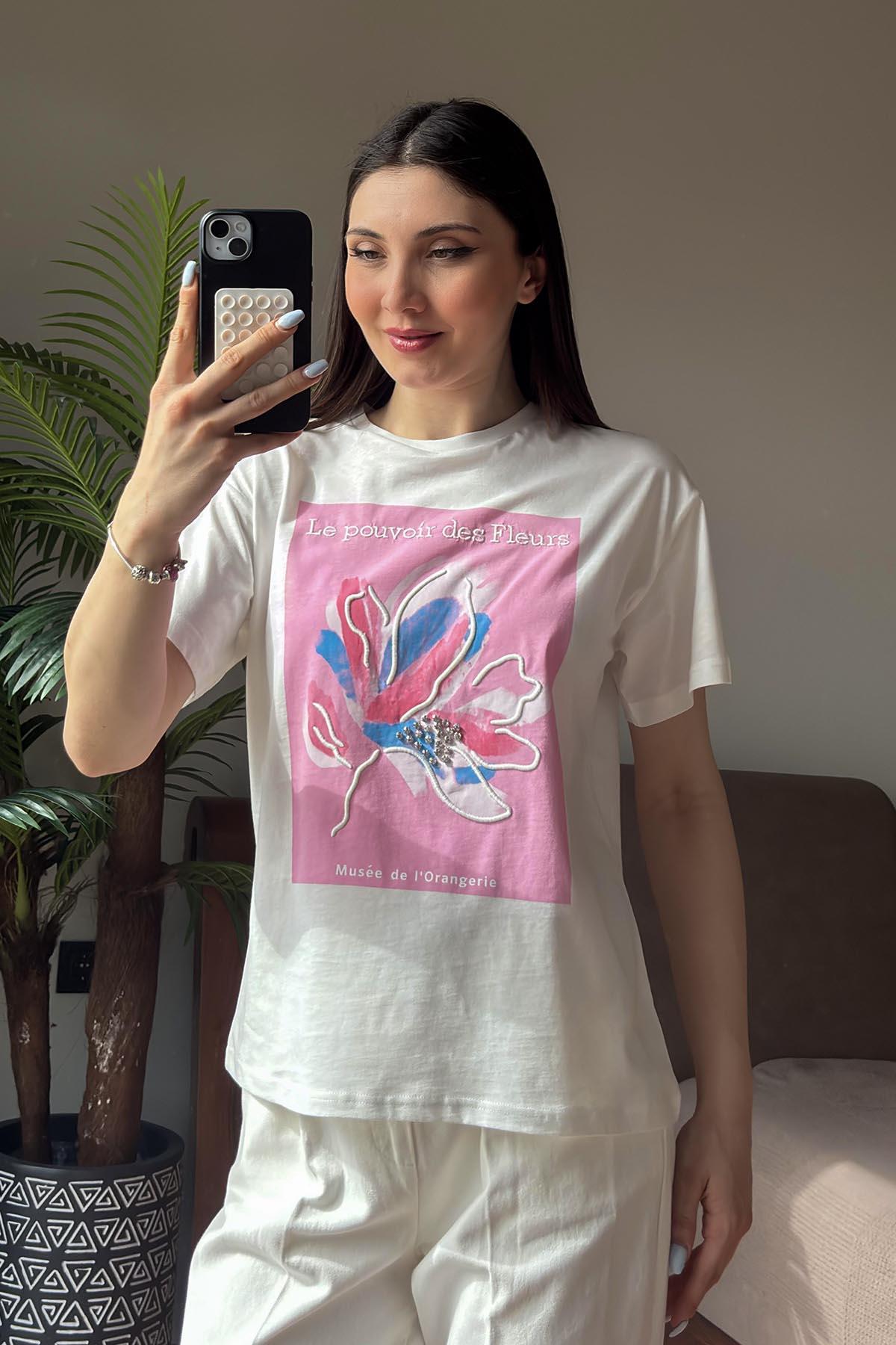 Pembe Le Pouvoir des Fleurs Baskılı T Shirt
