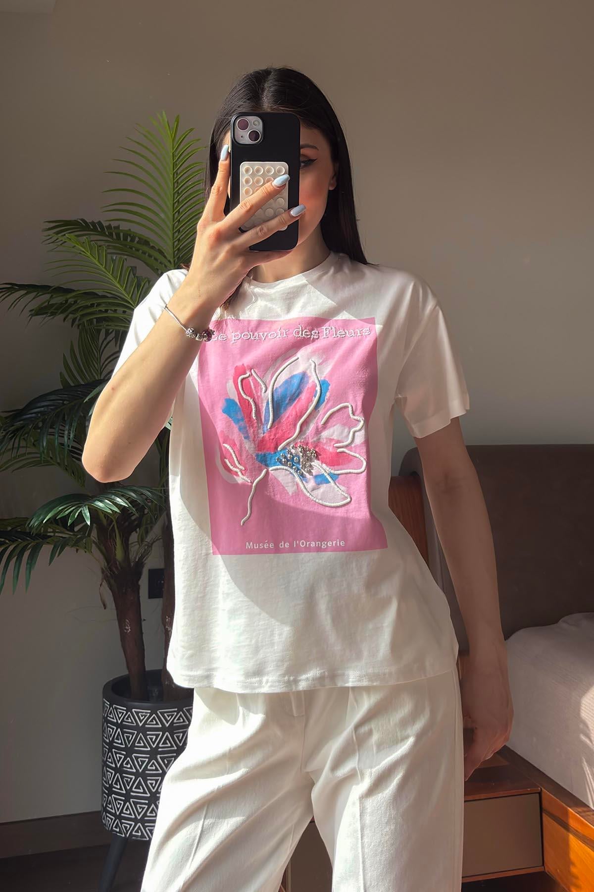 Pembe Le Pouvoir des Fleurs Baskılı T Shirt