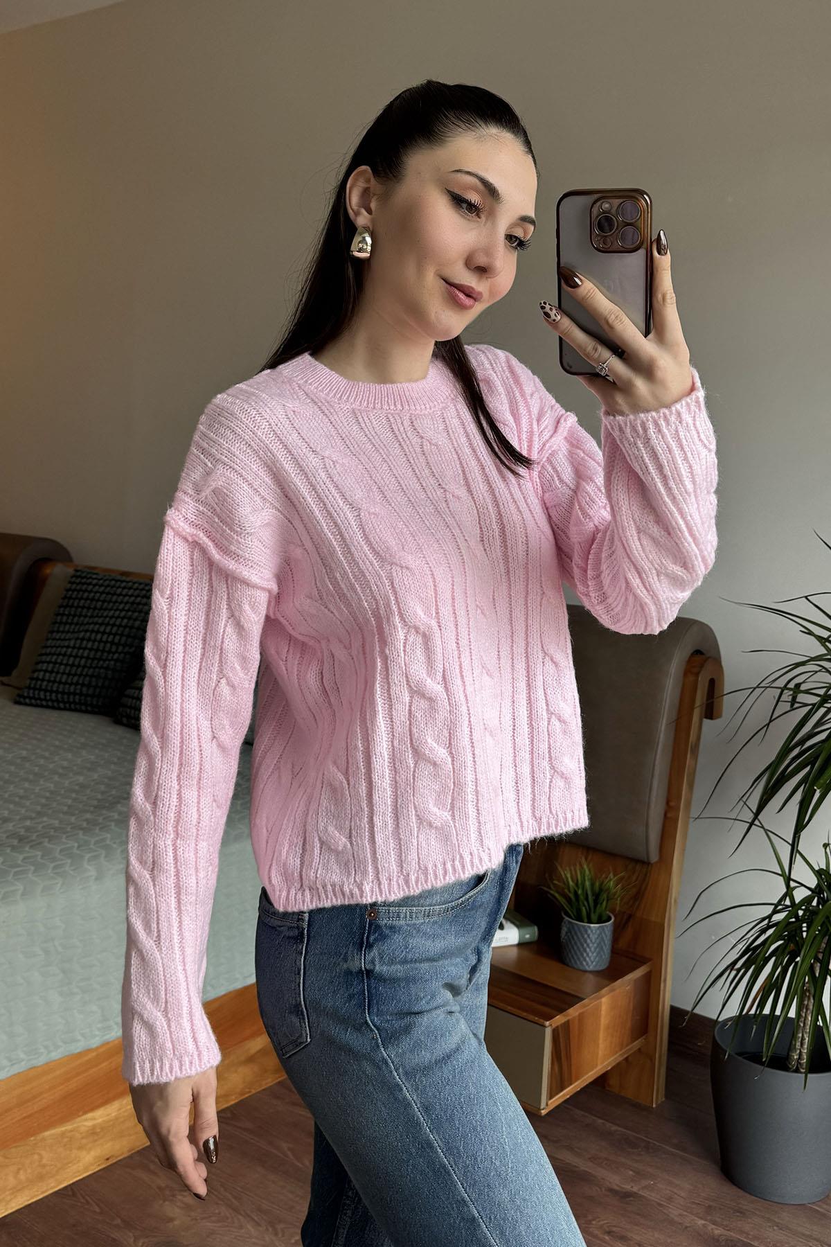 Pembe Olivia Saç Örgülü Triko Kazak