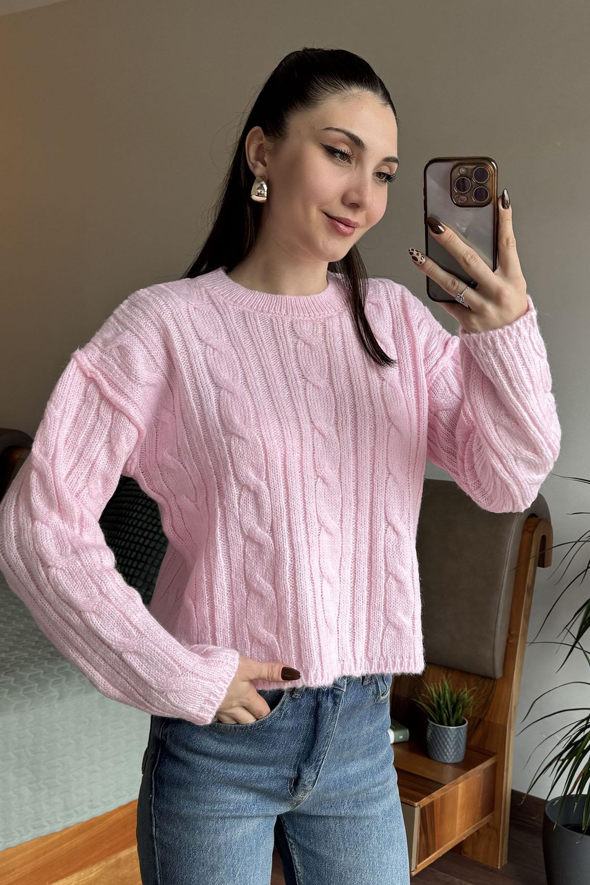Pembe Olivia Saç Örgülü Triko Kazak
