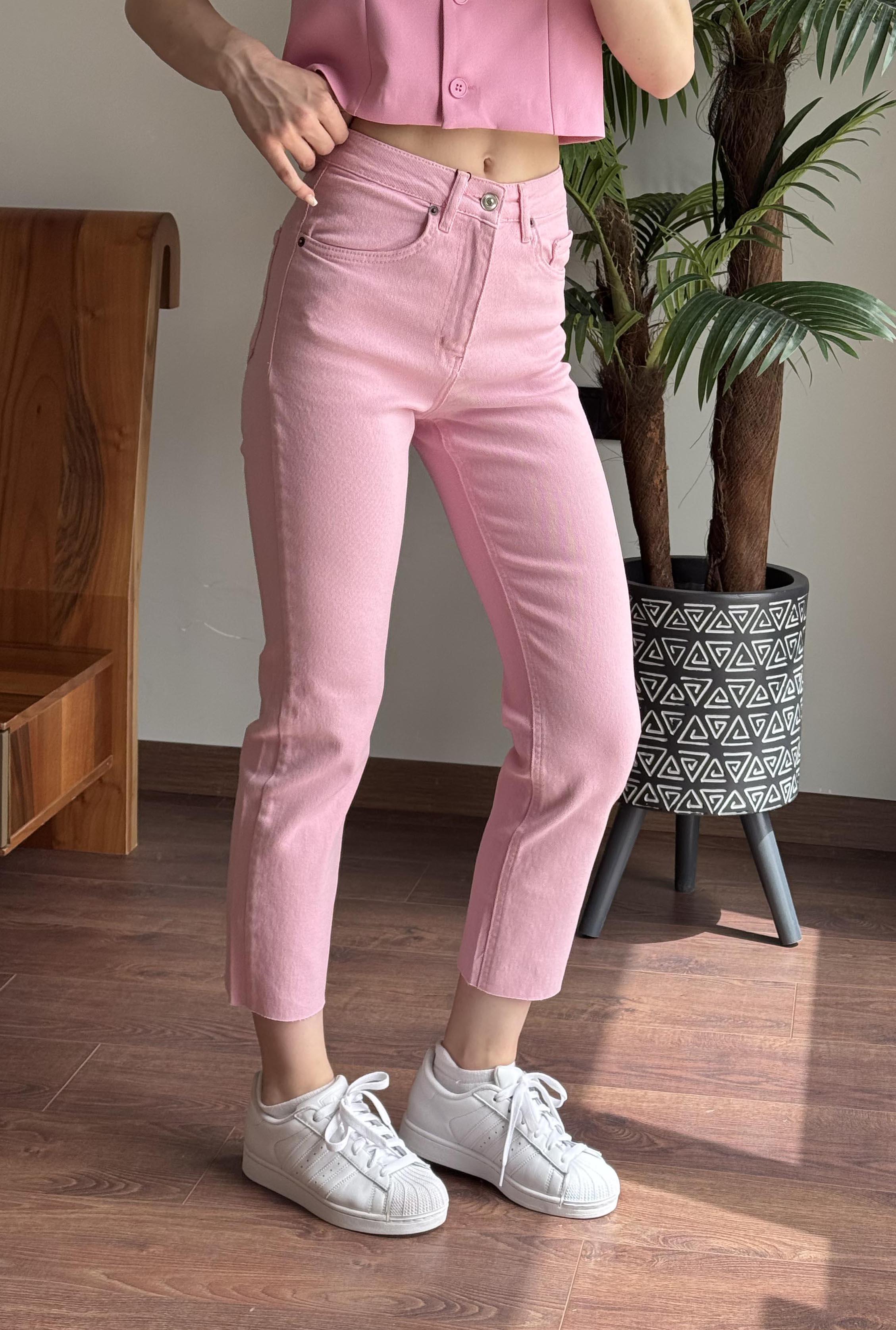Pembe Paça Kesik Boyfit Jean