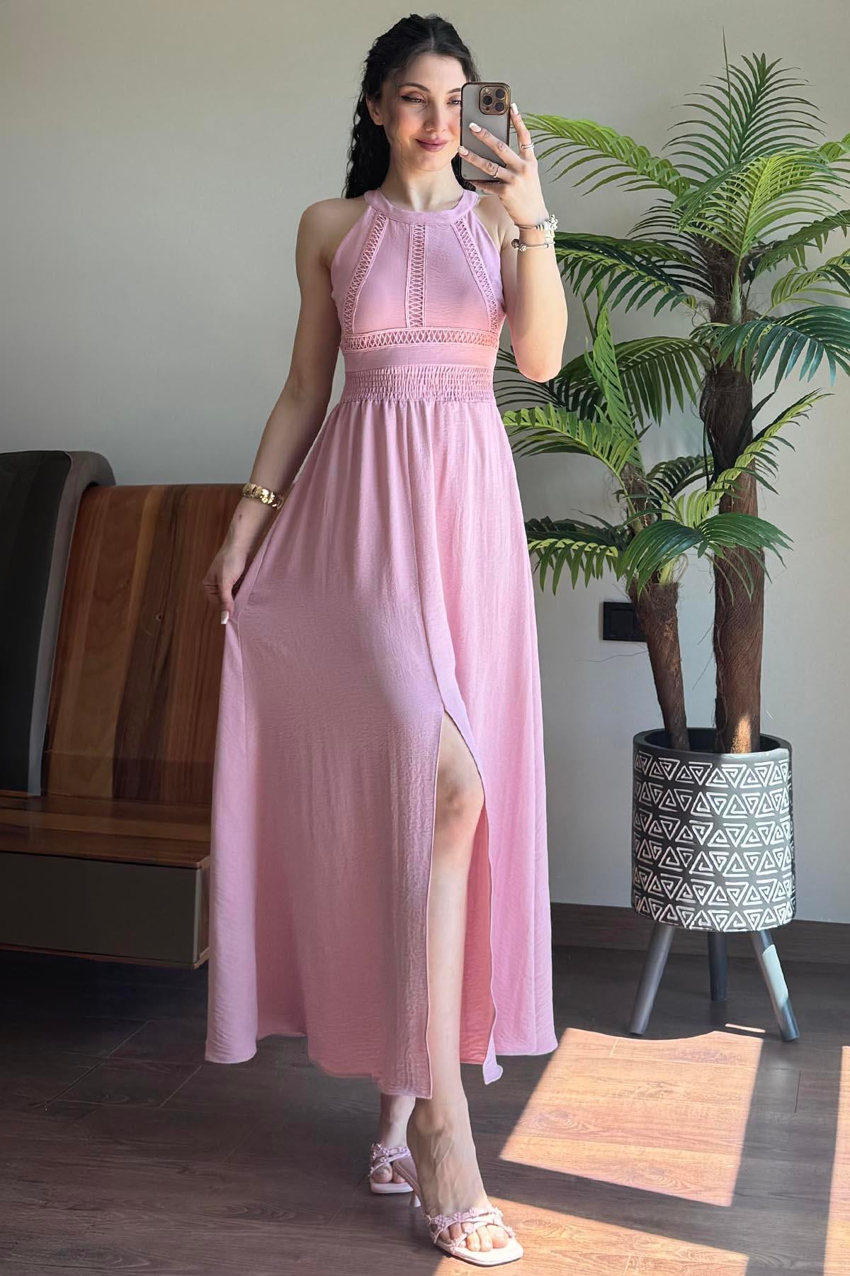 Pembe Sırtı Bağlamalı Keten Elbise
