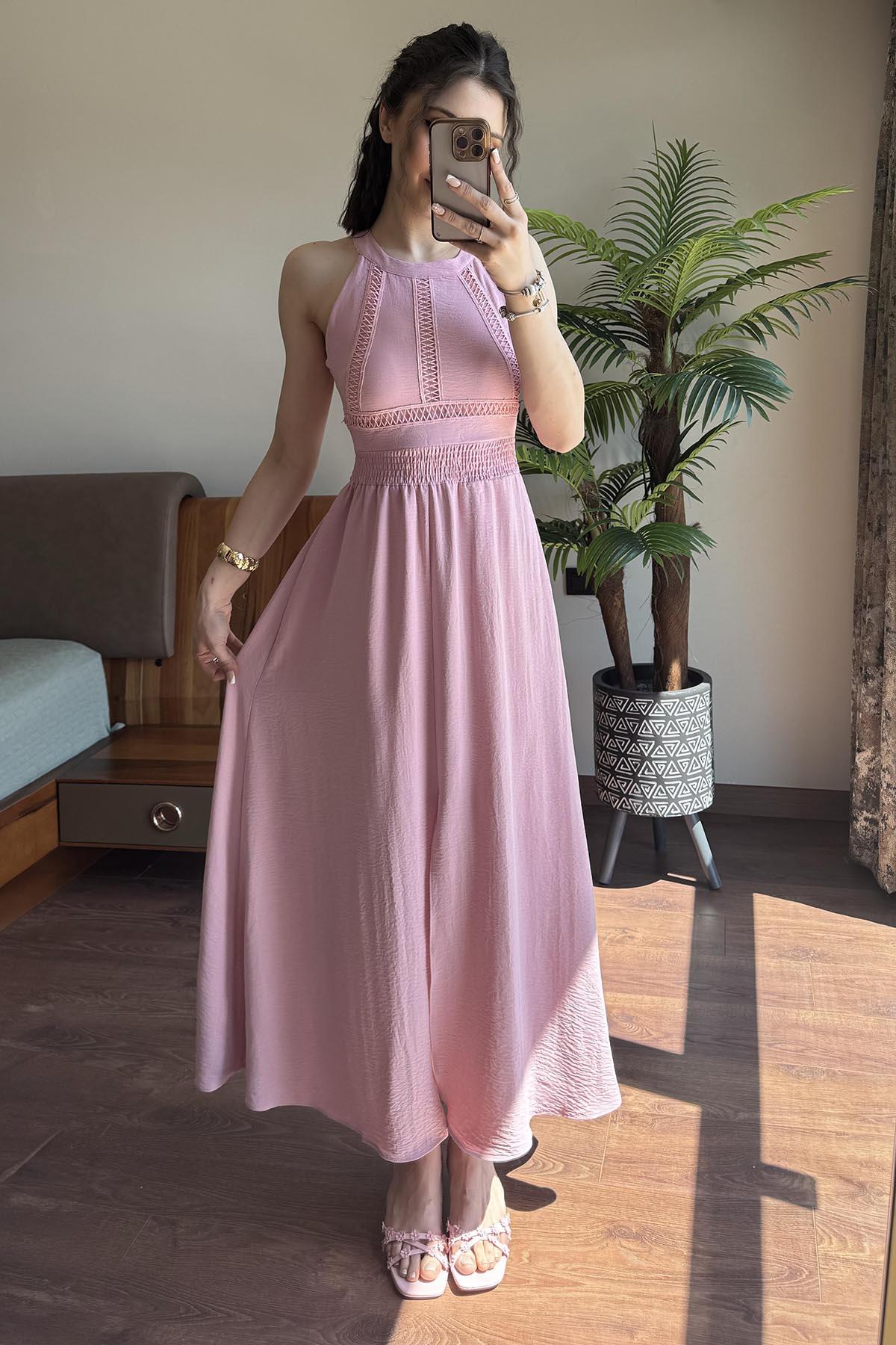 Pembe Sırtı Bağlamalı Keten Elbise