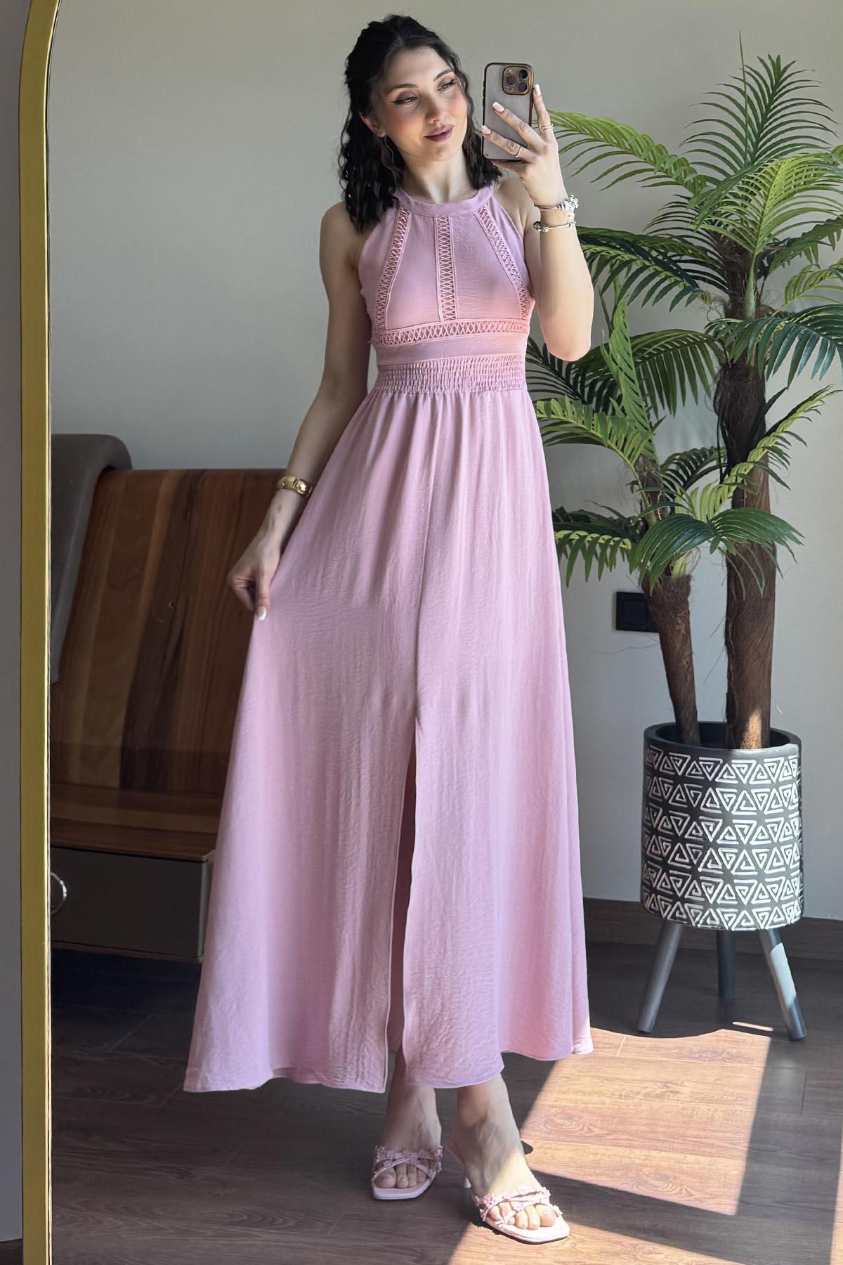 Pembe Sırtı Bağlamalı Keten Elbise