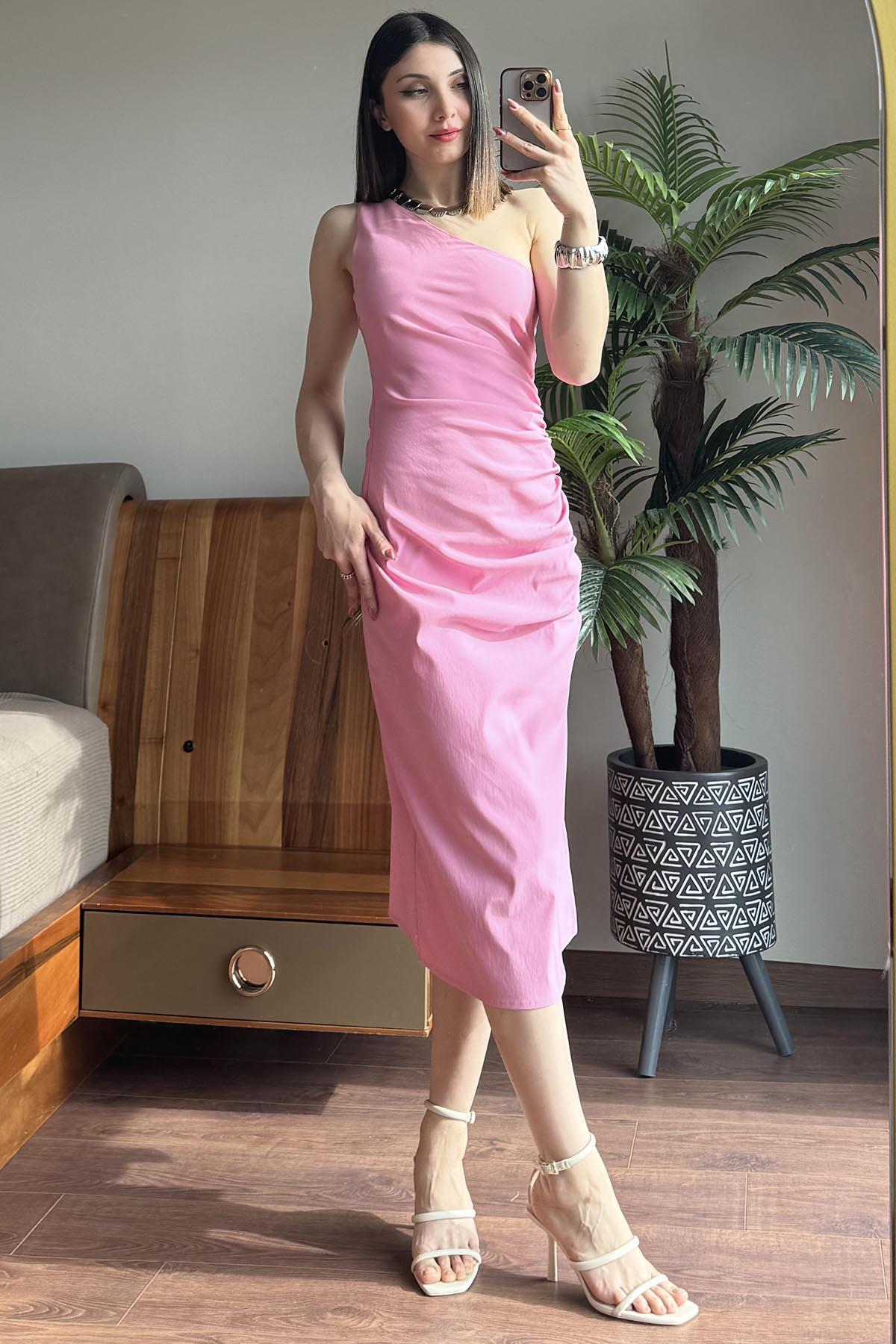 Pembe Tek Omuz Ultra Esnek Vücuda Oturan Elbise