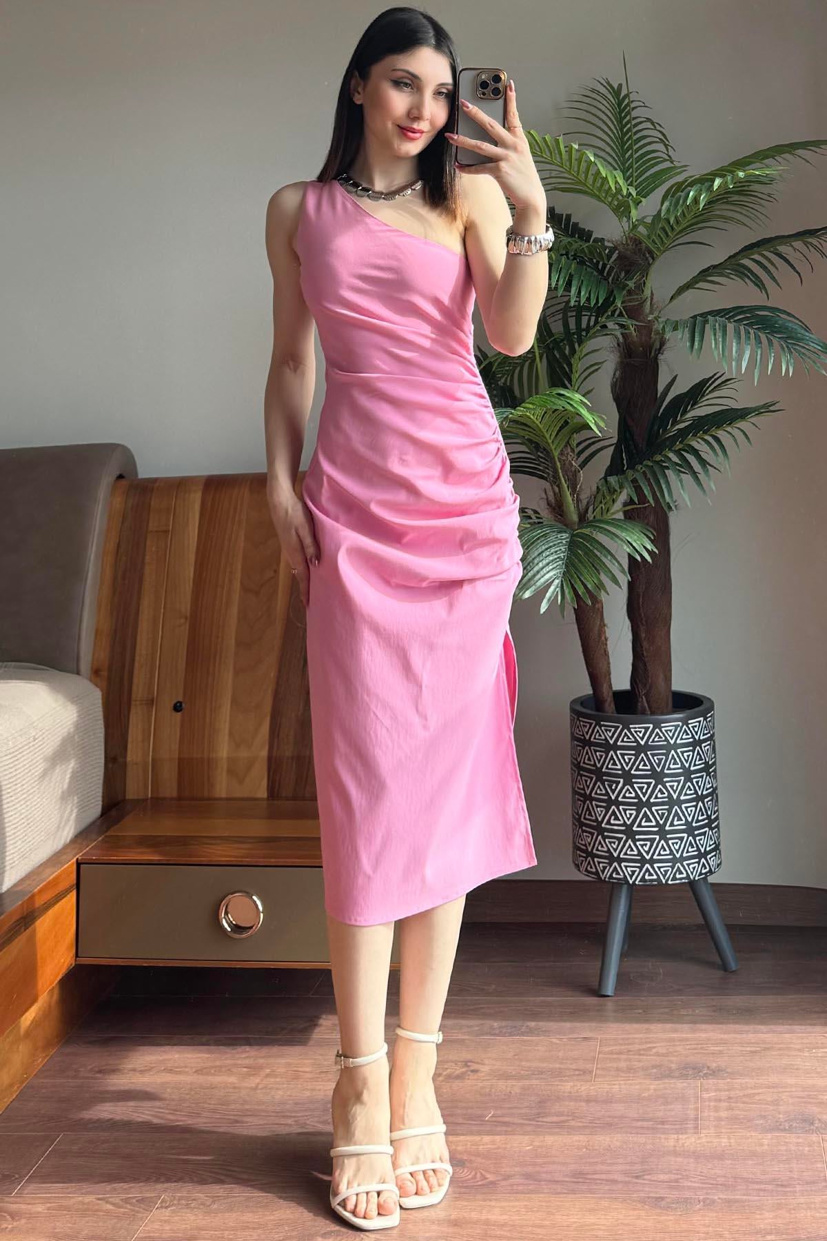 Pembe Tek Omuz Ultra Esnek Vücuda Oturan Elbise