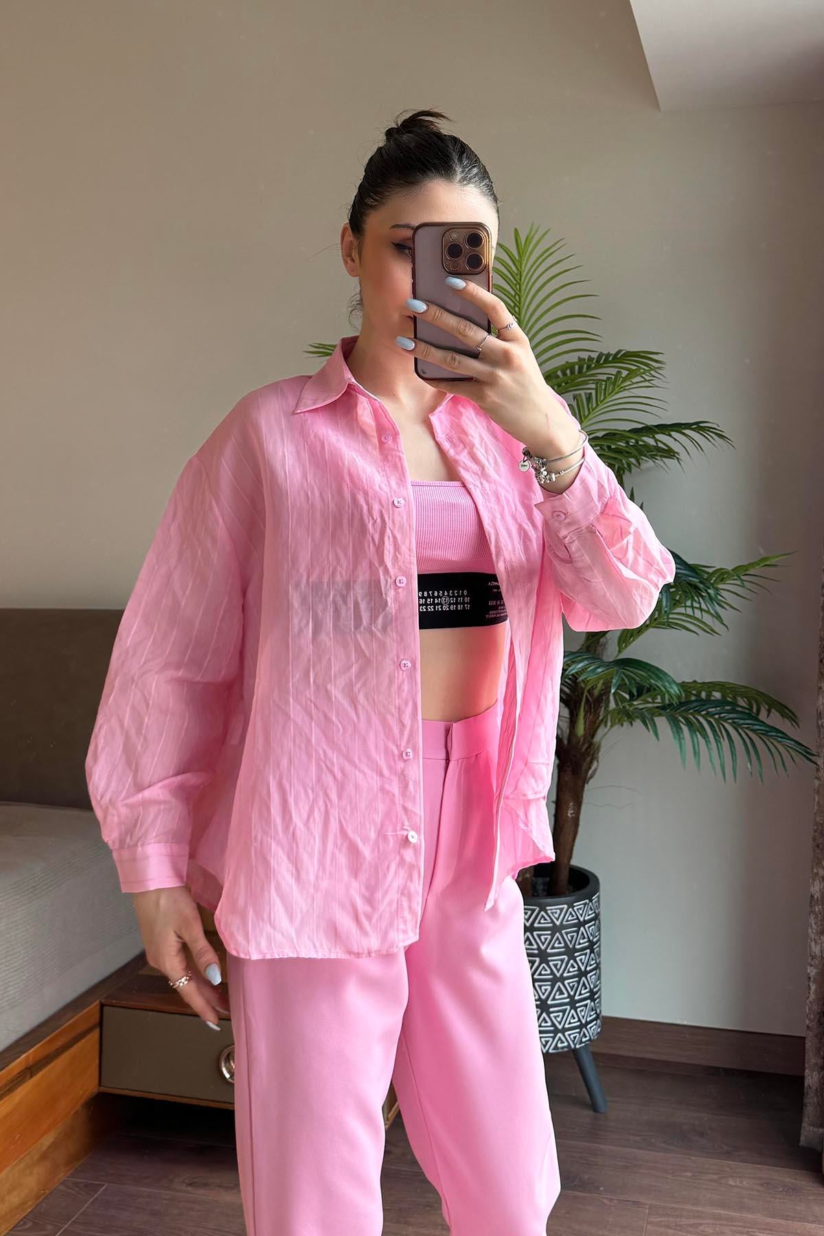 Pembe Transparan Çizgili Gömlek