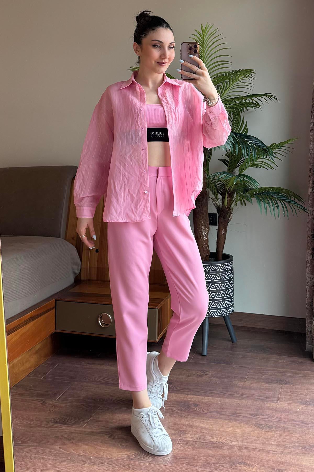 Pembe Transparan Çizgili Gömlek