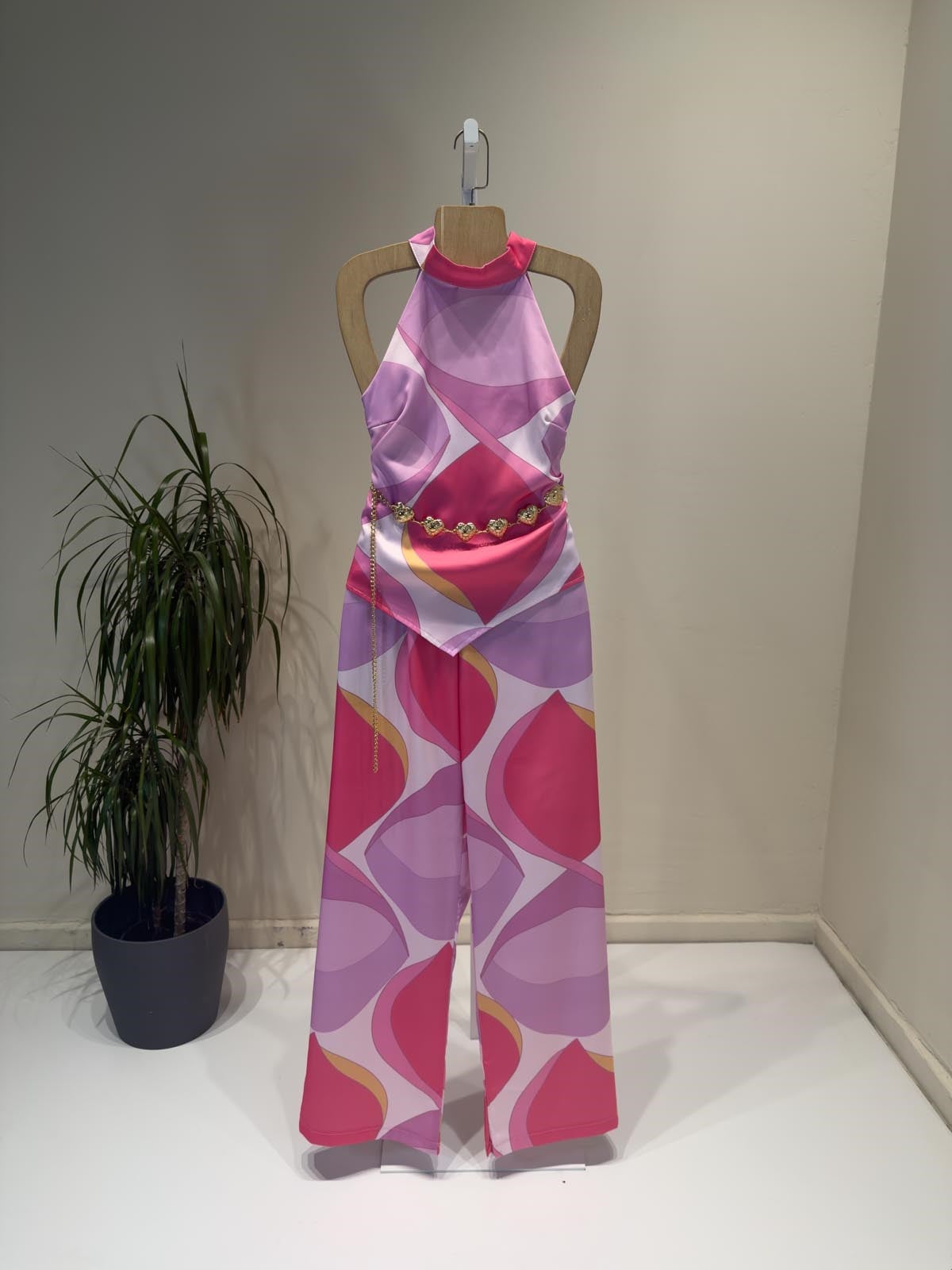 Pembe Üçgen Bluz Beli Lastikli Pantolon Saten Takım