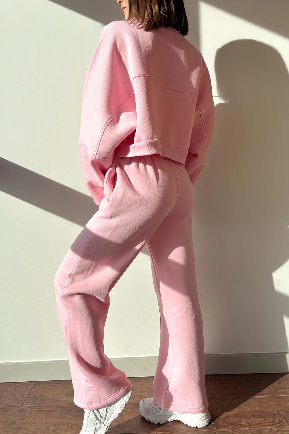 Pembe Winner İçi Şardonlu Üç İplik Fermuarlı Ceket ve Palazzo Eşofman Takımı