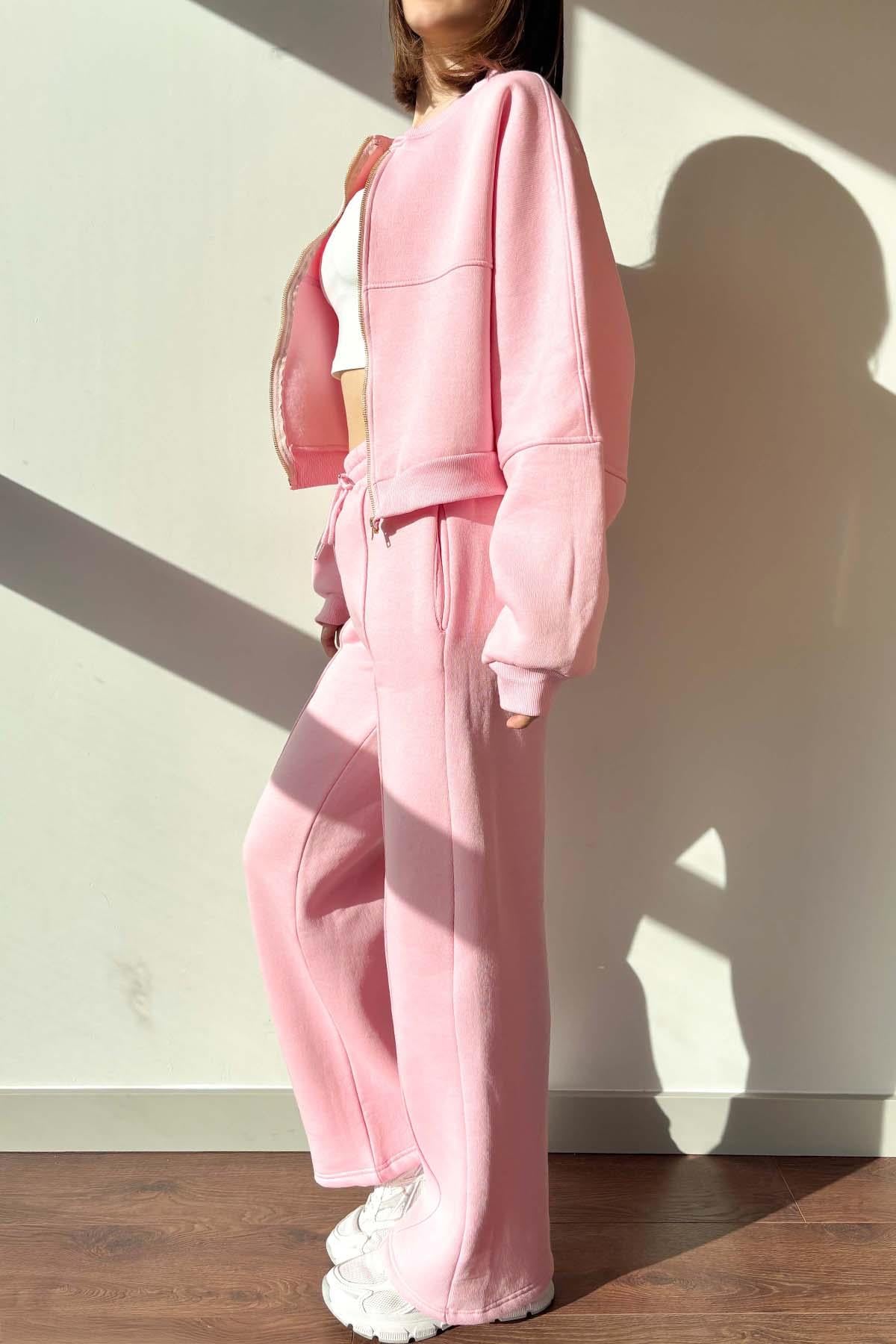Pembe Winner İçi Şardonlu Üç İplik Fermuarlı Ceket ve Palazzo Eşofman Takımı