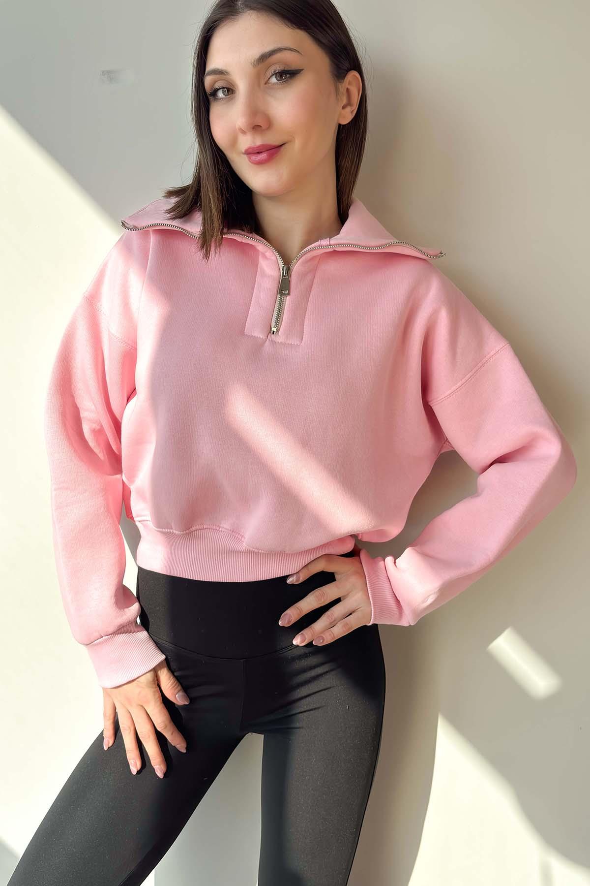 Pembe Yaka Detaylı Crop Sweatshirt