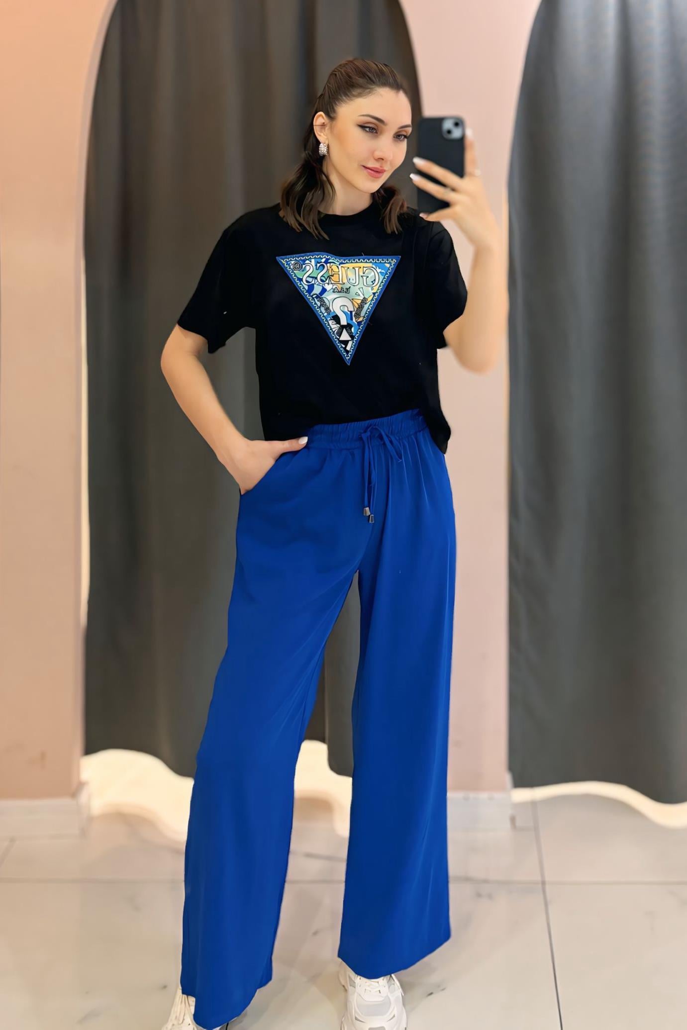 Saks Mavi Beli Lastikli Bol Paça Pantolon