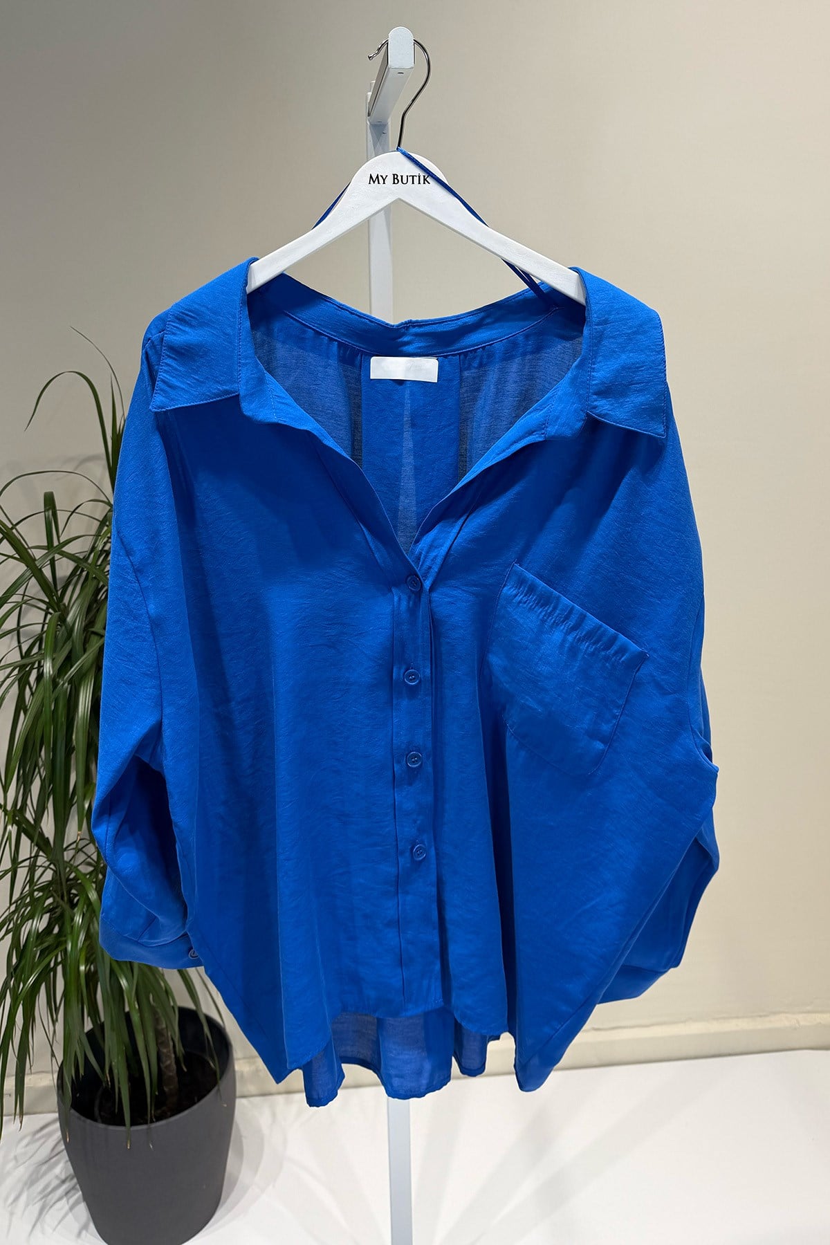 Saks Mavi Düşük Omuzlu Oversize Gömlek