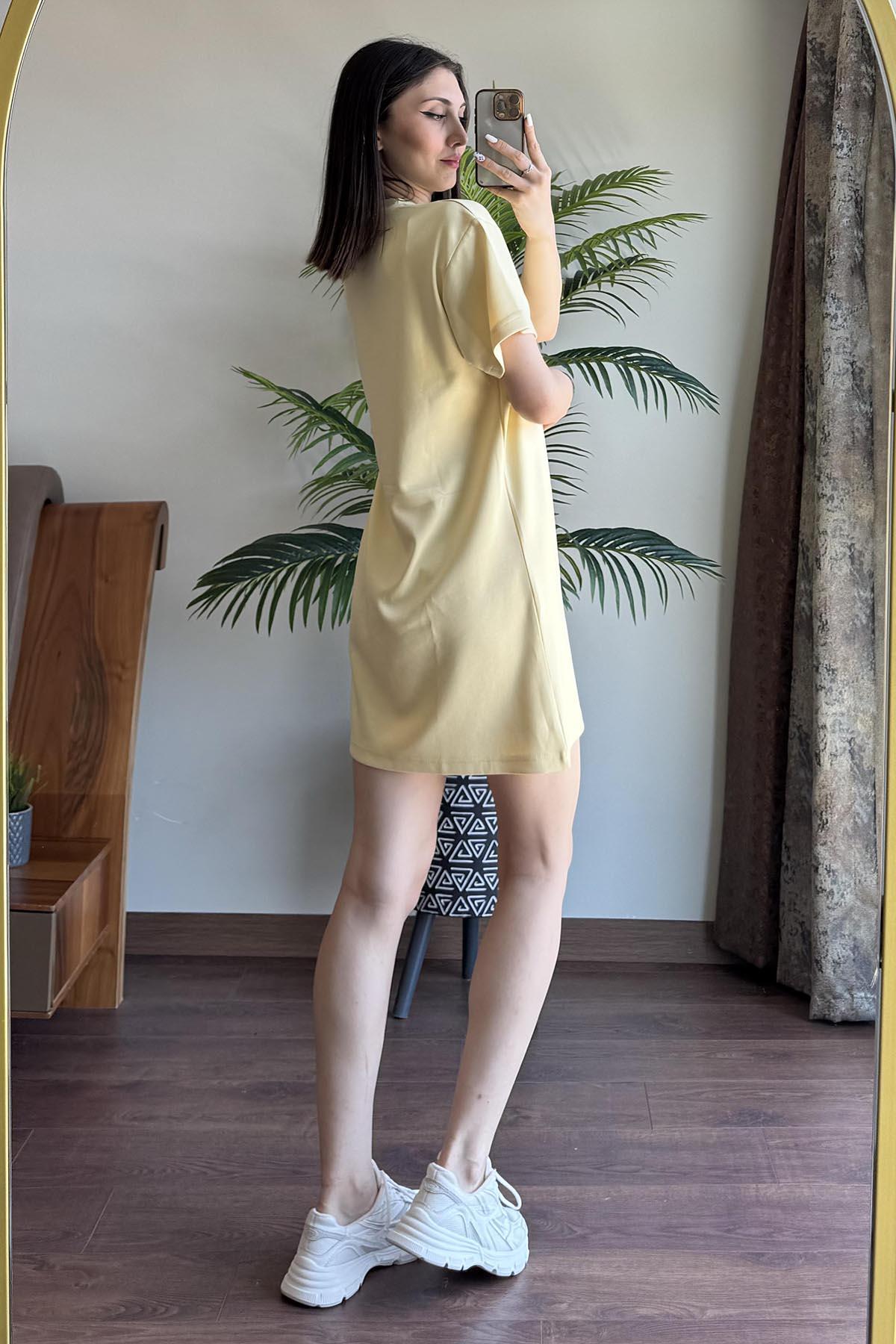 Sarı Alo Gümüş Baskılı Oversize Elbise