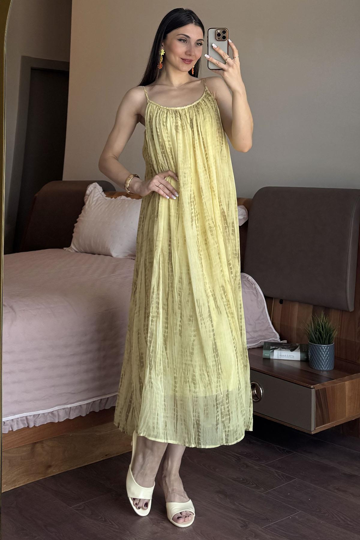 Sarı Askılı Şifon Elbise