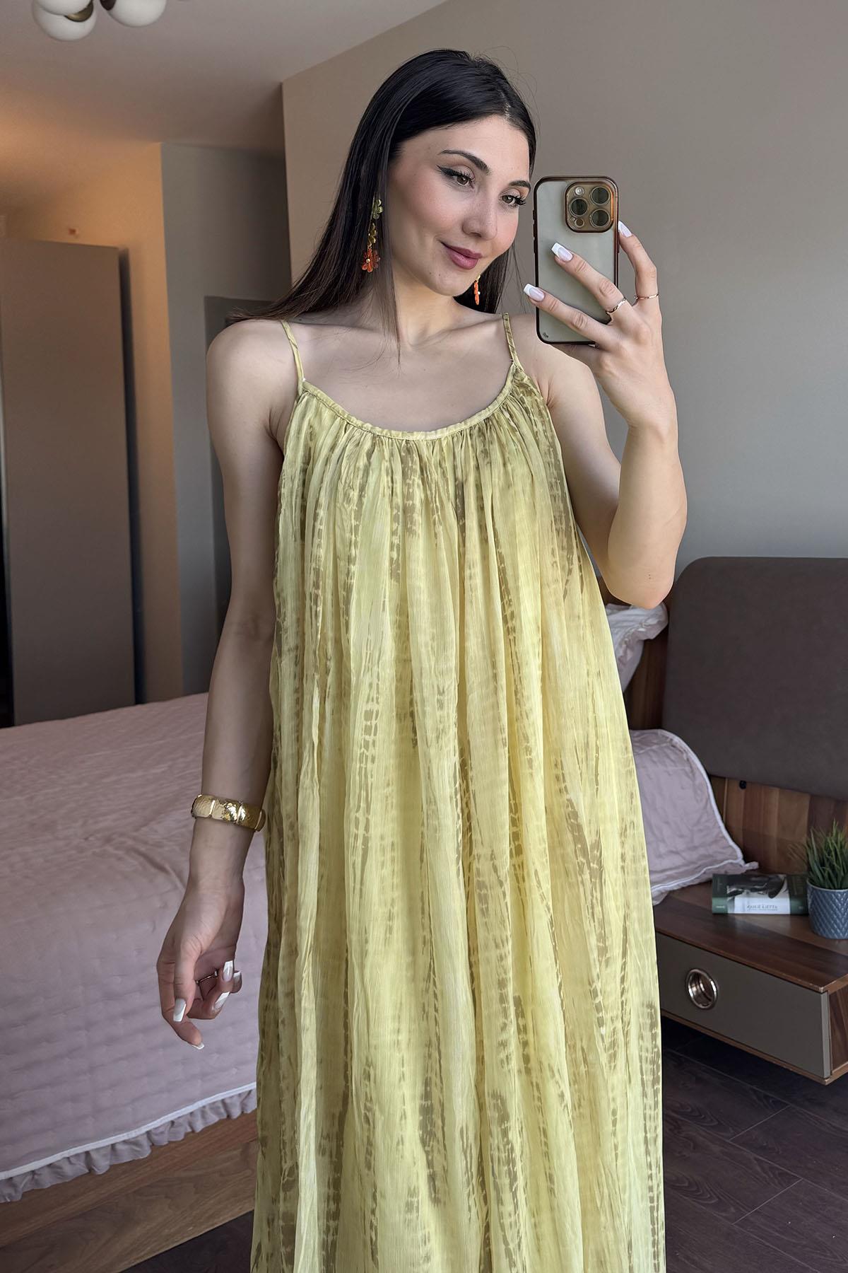 Sarı Askılı Şifon Elbise