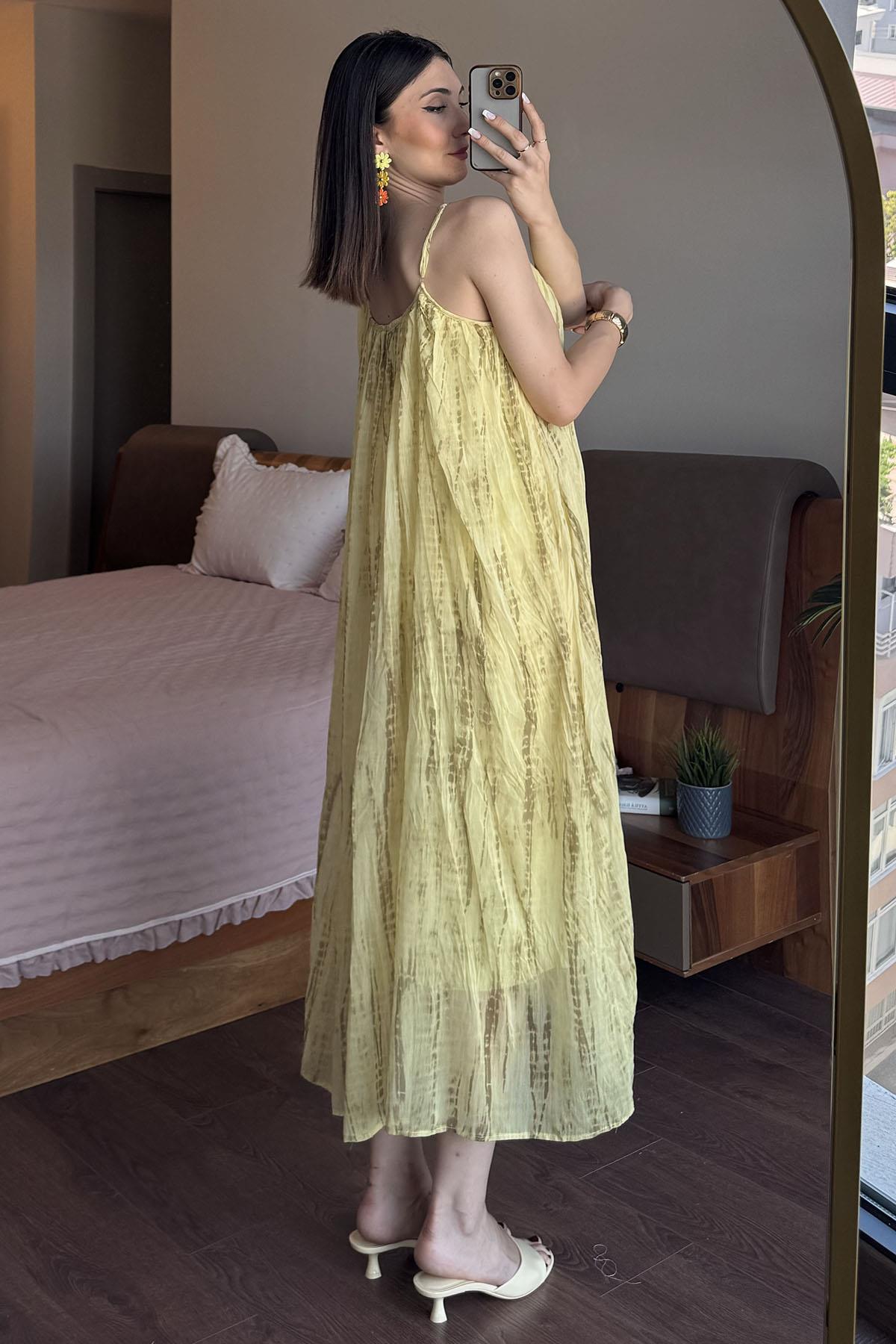 Sarı Askılı Şifon Elbise