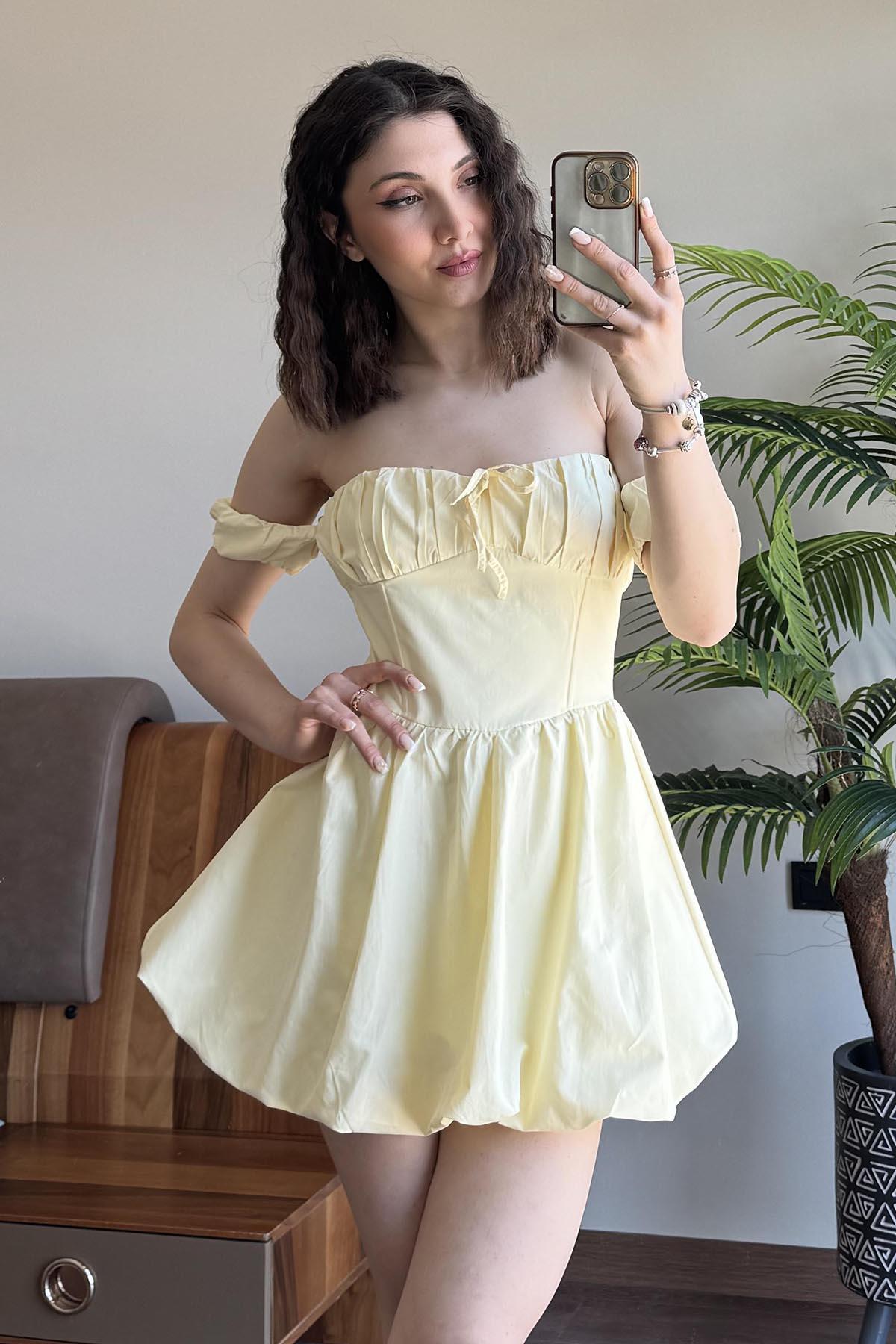 Sarı Balon Etekli Mini Elbise