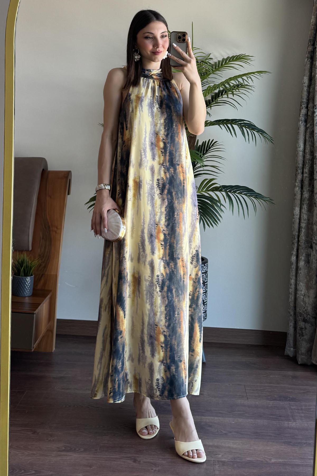 Sarı Batik Desenli Saten Elbise