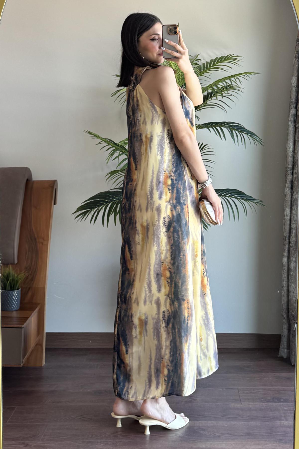 Sarı Batik Desenli Saten Elbise