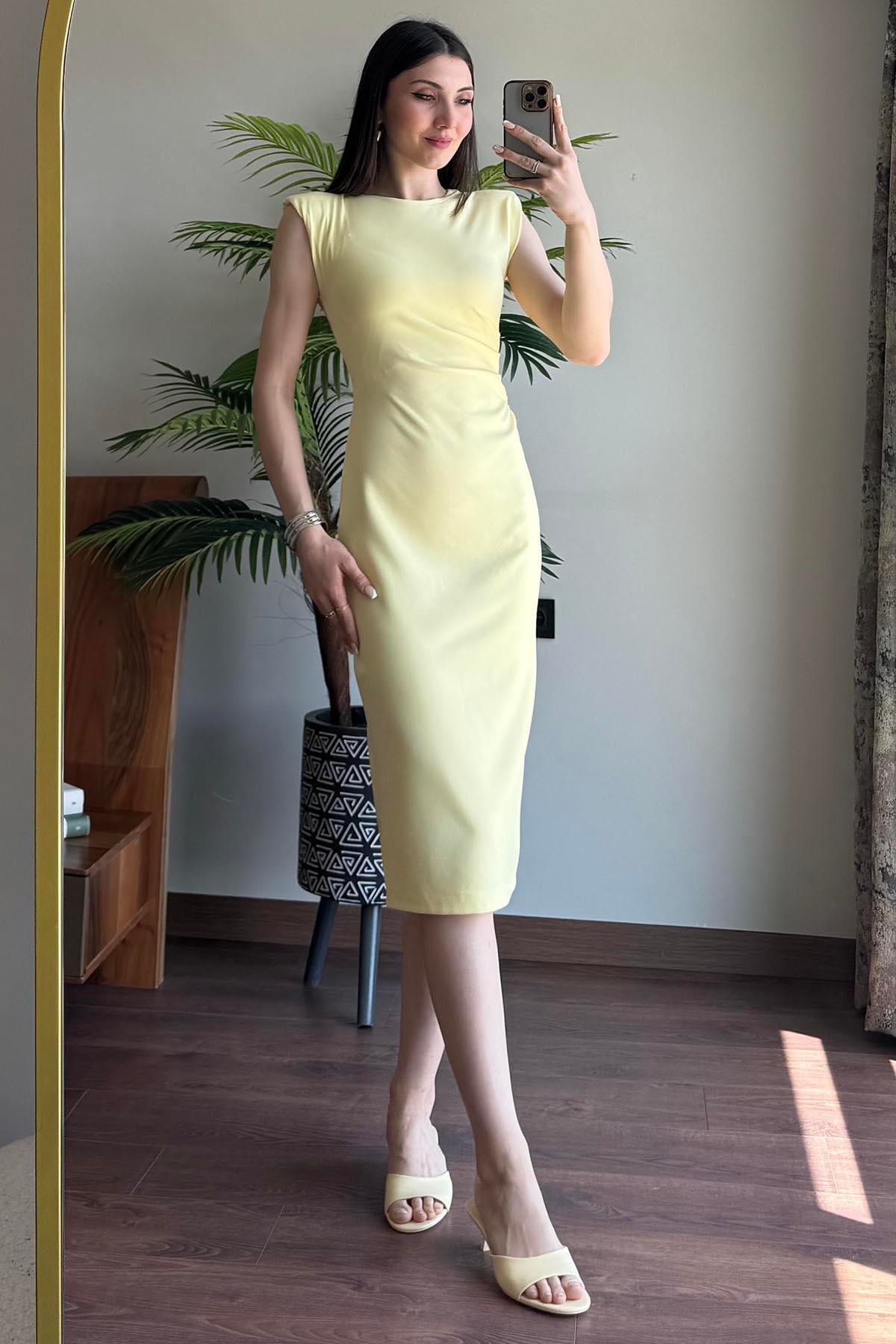 Sarı Bel Büzgülü Vatkalı Elbise