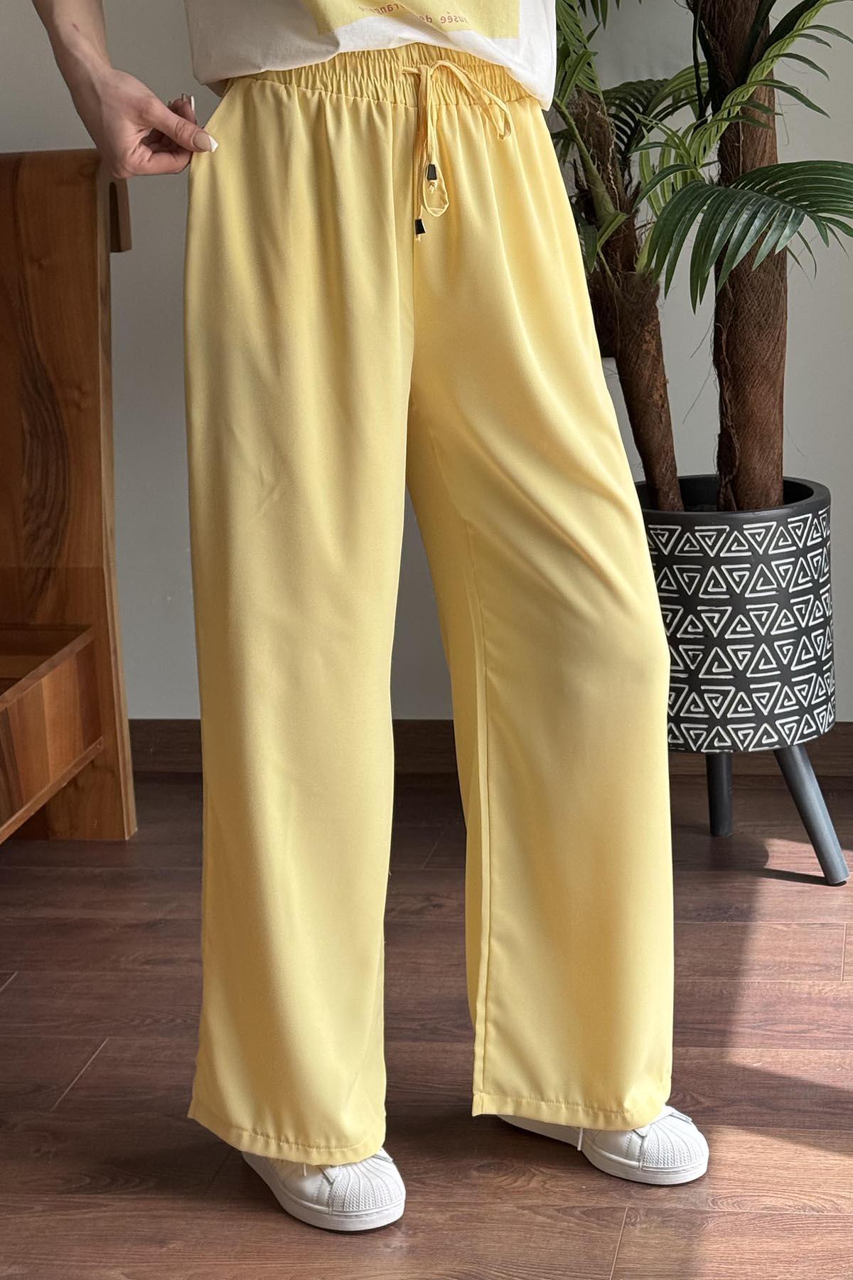 Sarı Beli Lastikli Bol Paça Pantolon
