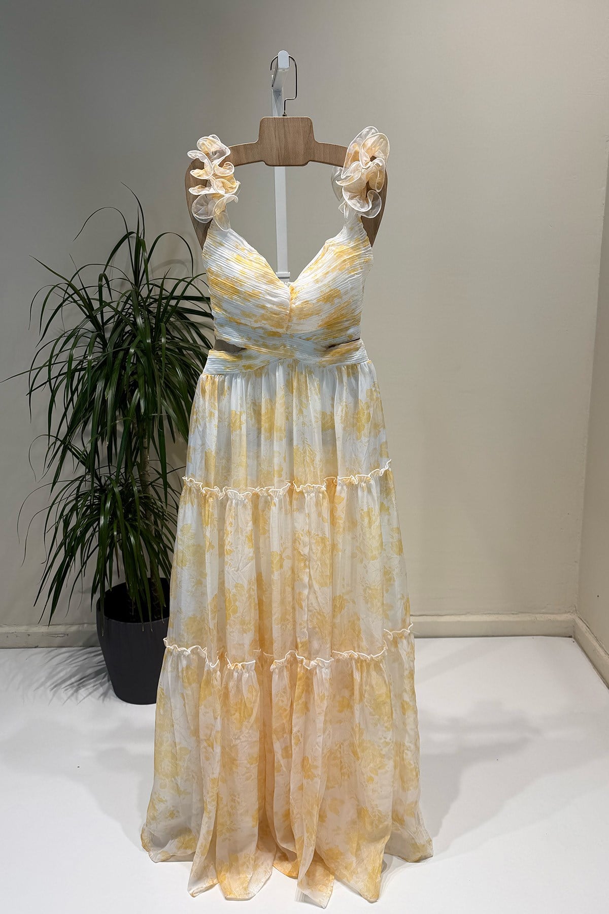 Sarı Çiçek Desenli Maxi Elbise