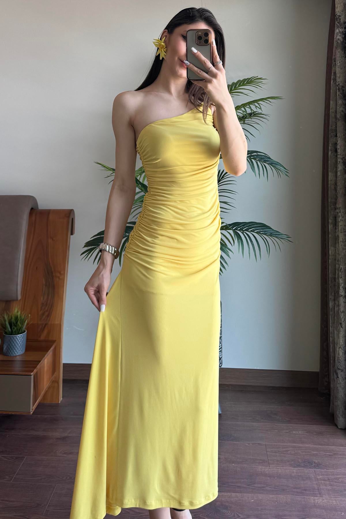 Sarı Drape Detaylı Tek Omuz Elbise
