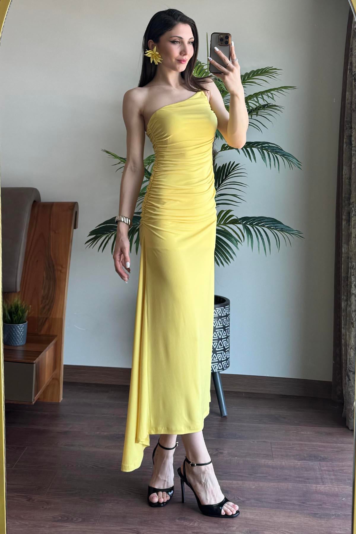 Sarı Drape Detaylı Tek Omuz Elbise