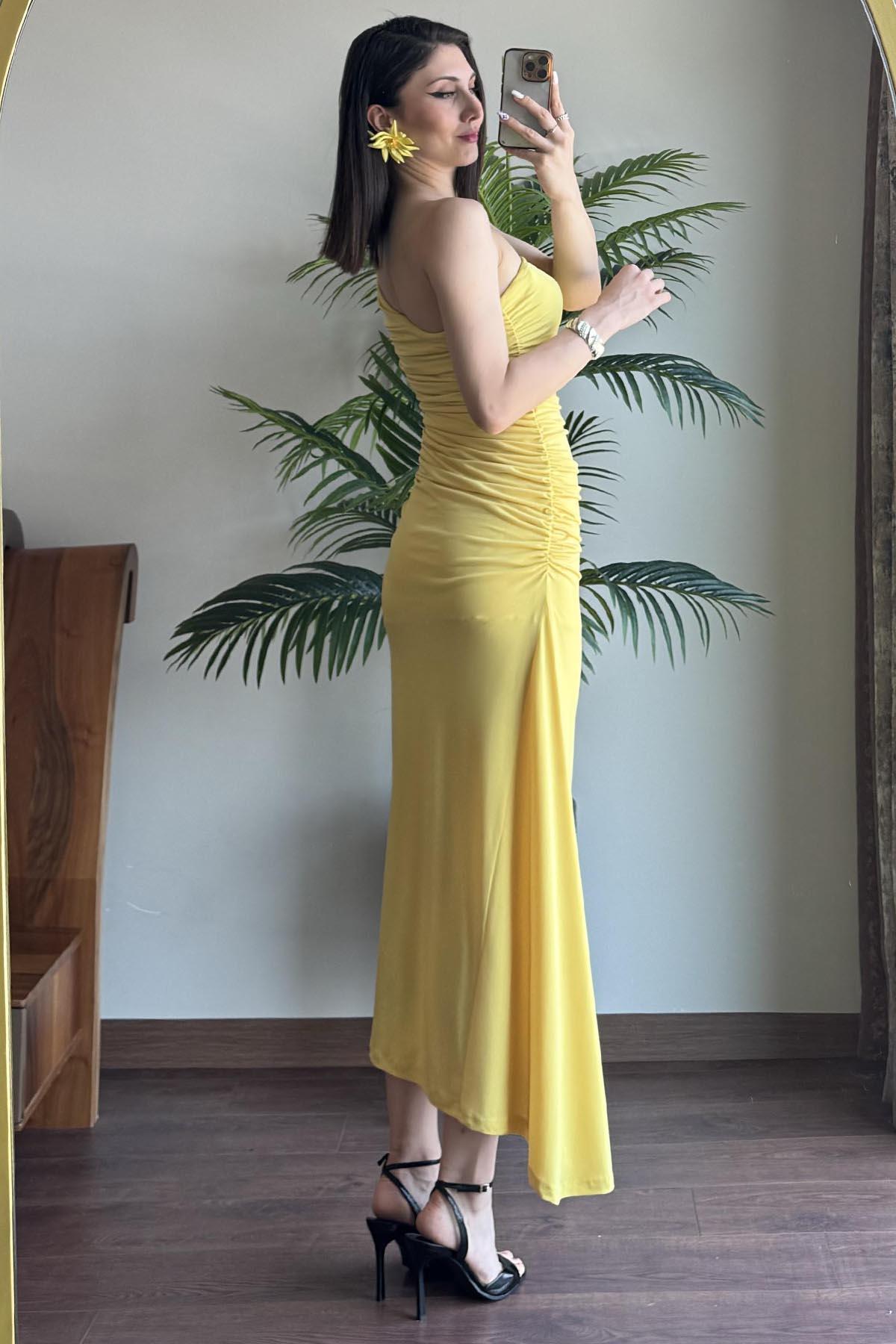 Sarı Drape Detaylı Tek Omuz Elbise