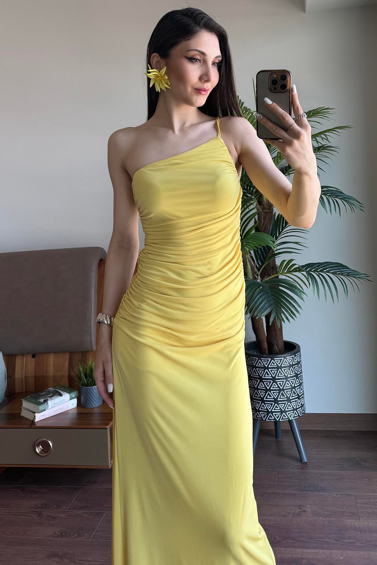 Sarı Drape Detaylı Tek Omuz Elbise