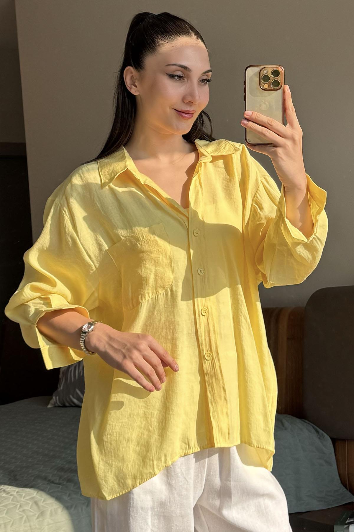 Sarı Düşük Omuzlu Oversize Gömlek