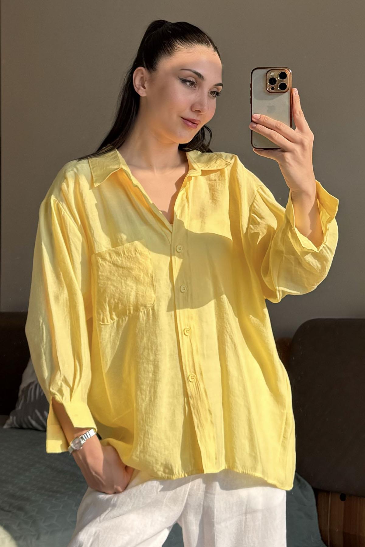 Sarı Düşük Omuzlu Oversize Gömlek
