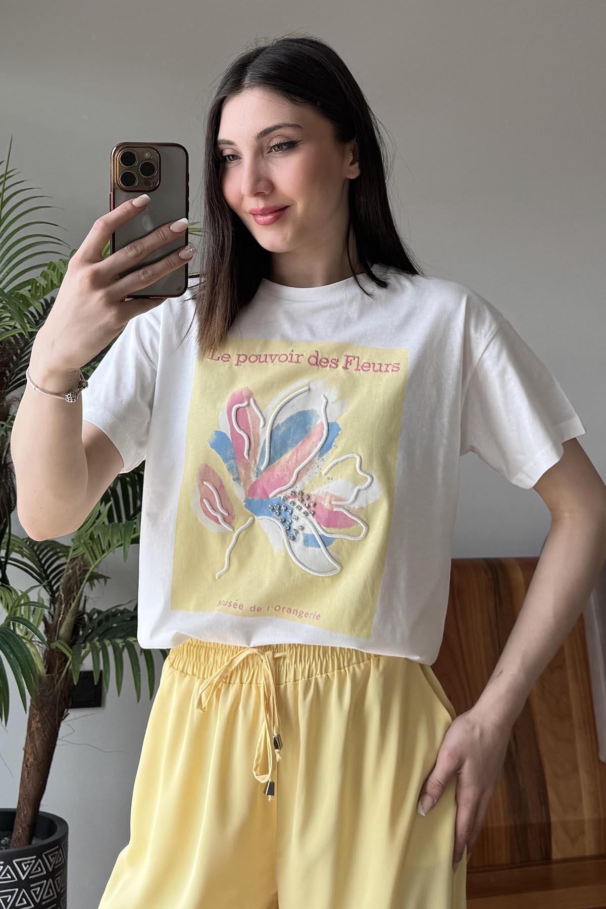Sarı Le Pouvoir des Fleurs Baskılı T Shirt