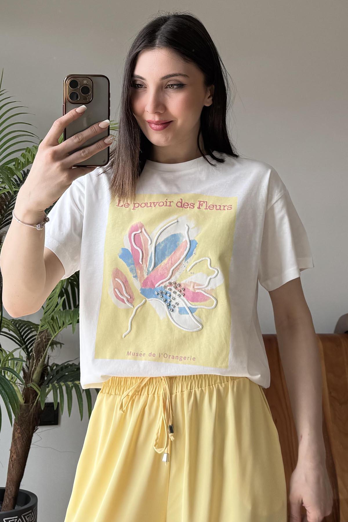 Sarı Le Pouvoir des Fleurs Baskılı T Shirt