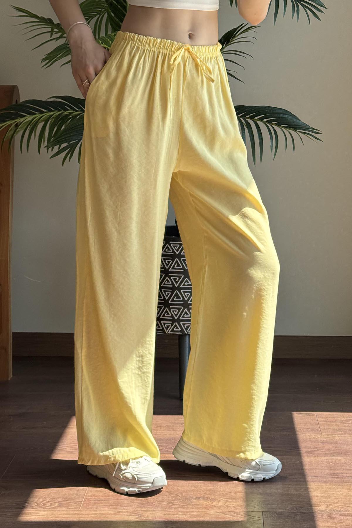 Sarı Massi Beli İpli Tencel Pantolon