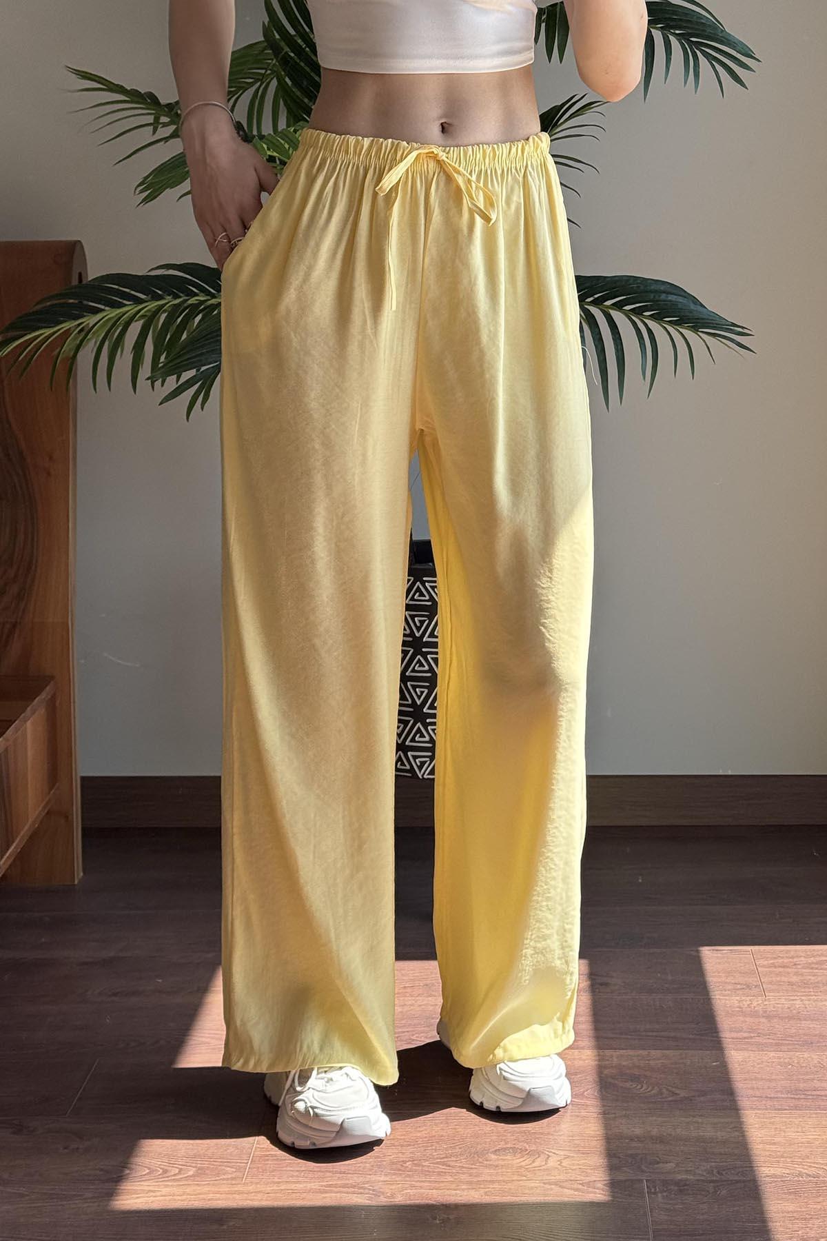 Sarı Massi Beli İpli Tencel Pantolon