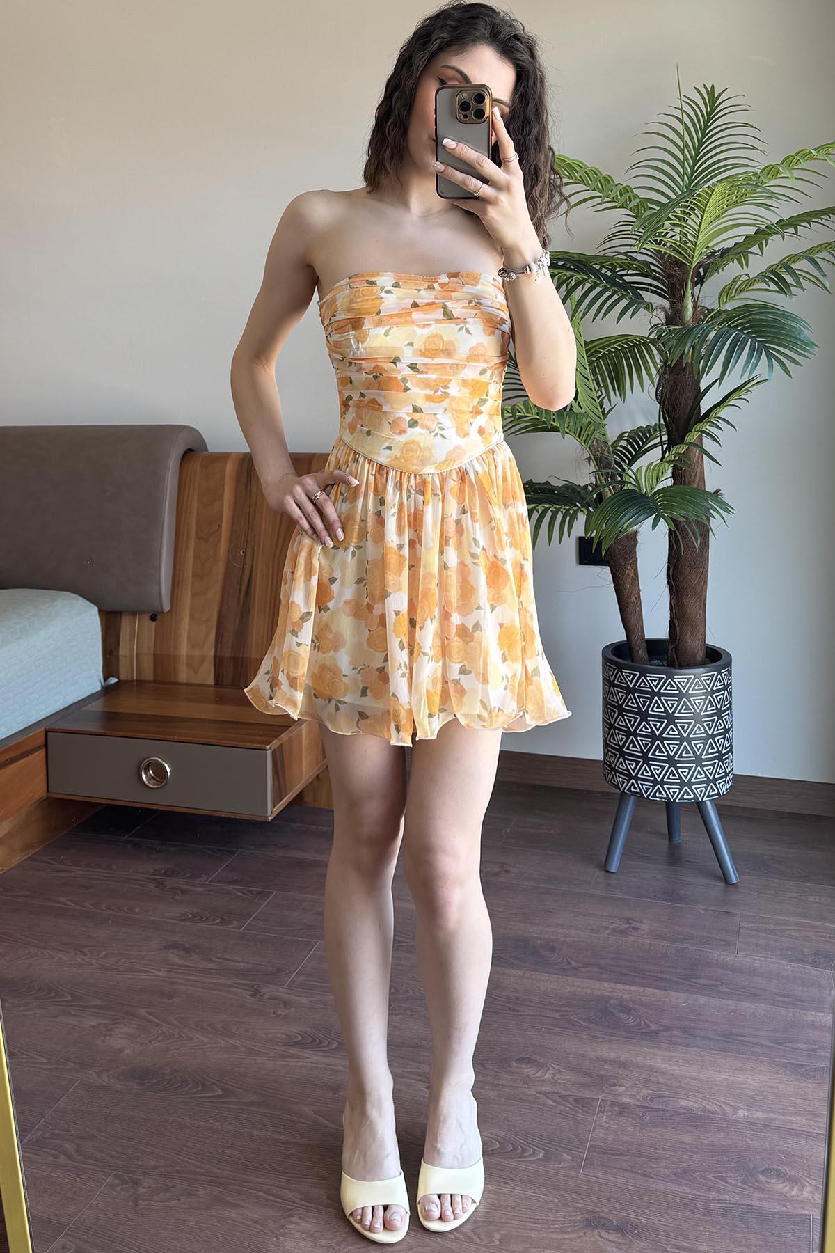Sarı Rose Gümüş Biyeli Straplez Elbise