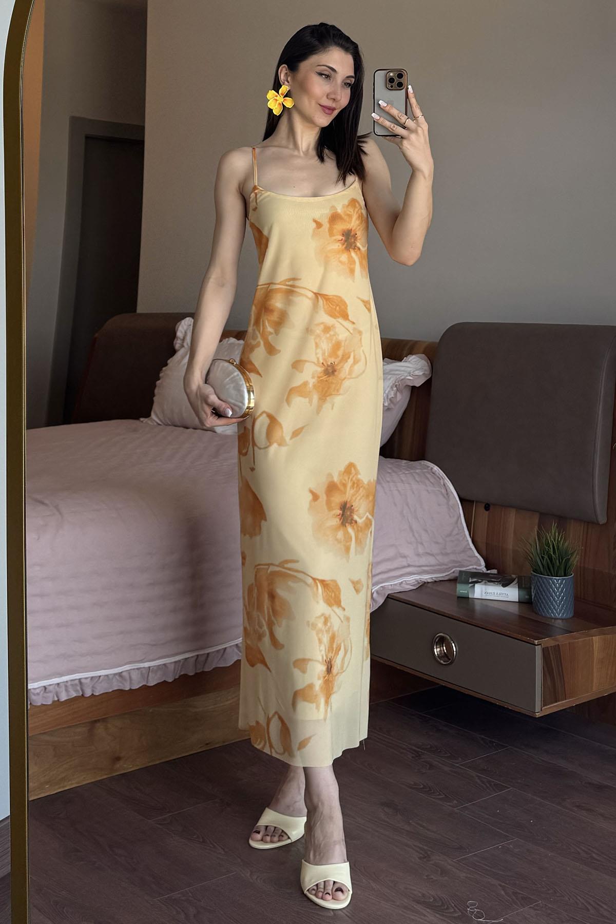 Sarı Rosie Midi Boy Desenli Elbise