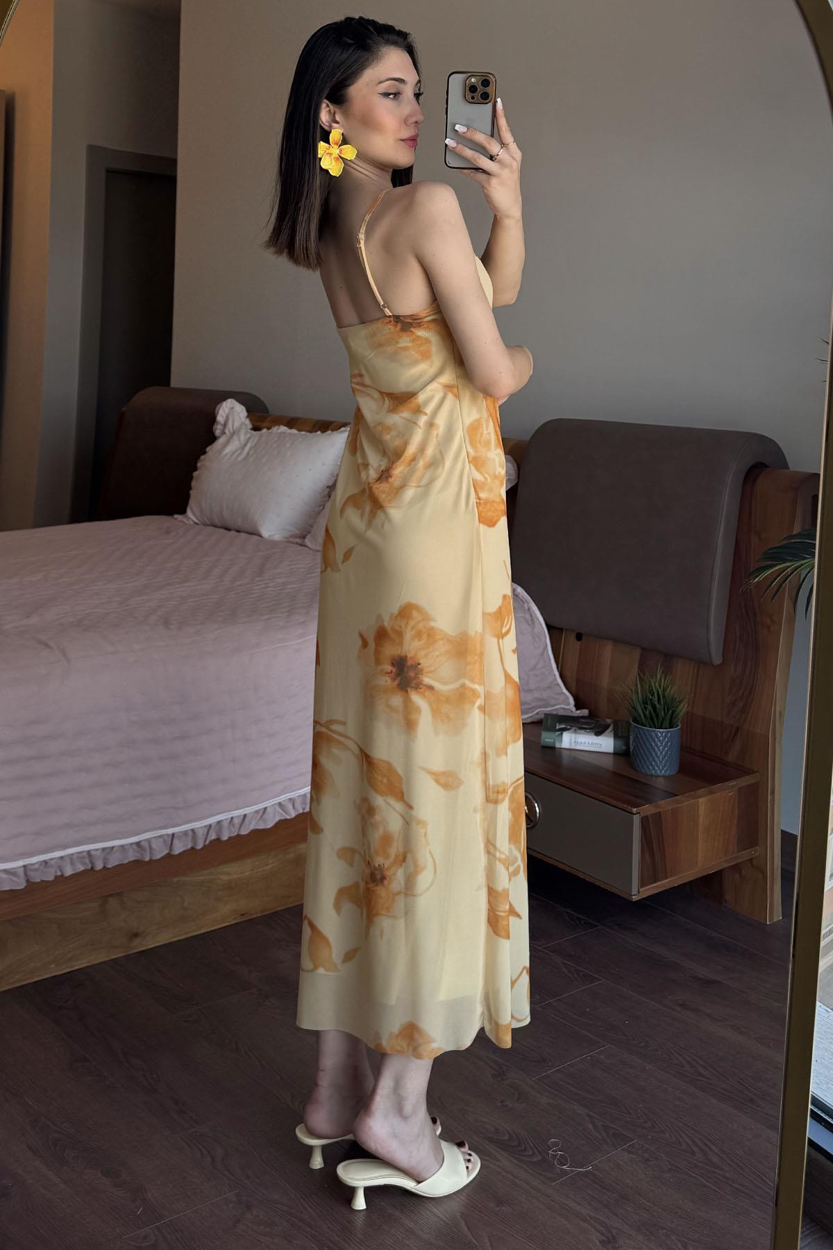 Sarı Rosie Midi Boy Desenli Elbise