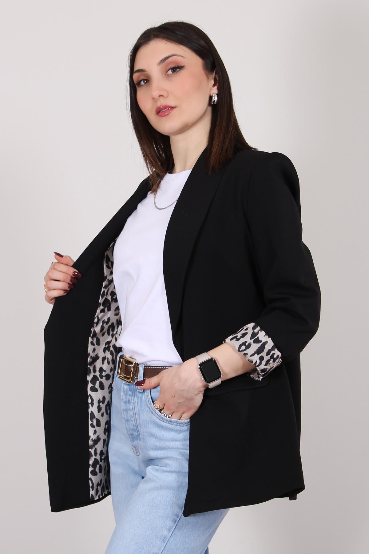 Siyah Atlas Kumaş Leopar Astarlı Blazer Ceket