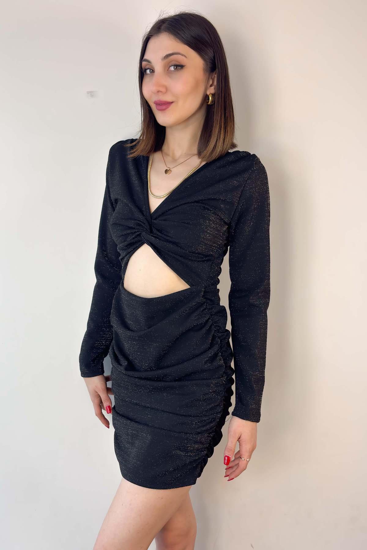 Siyah Bel Dekolteli Mini Elbise