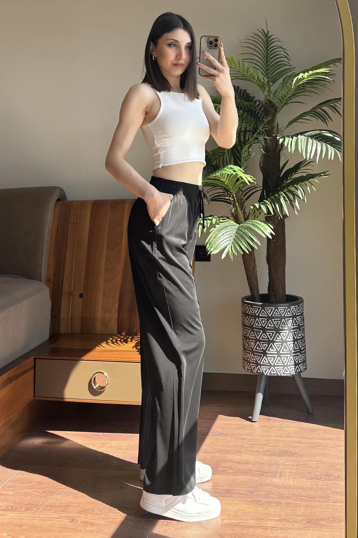 Siyah Beli Lastikli Bol Paça Pantolon