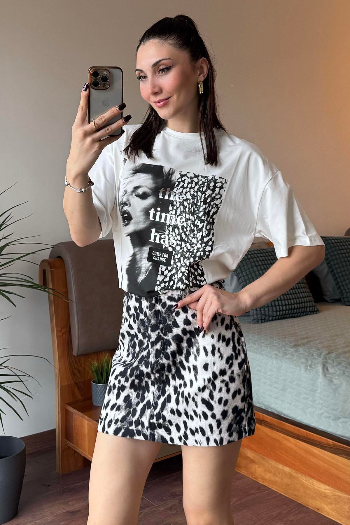 Siyah Beyaz Leopar Desenli Etek