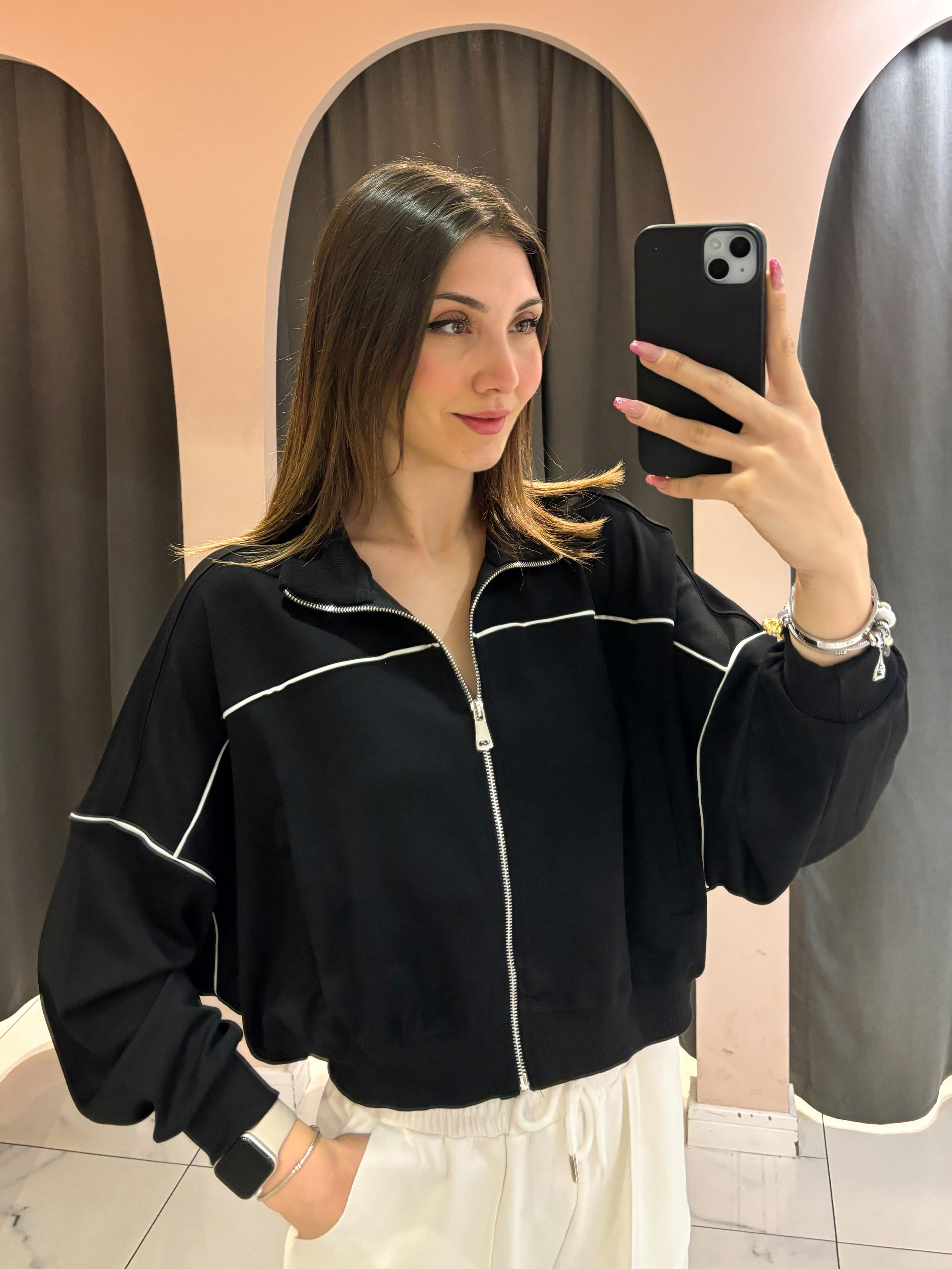 Siyah Biye Detaylı Fermuarlı Sweatshirt