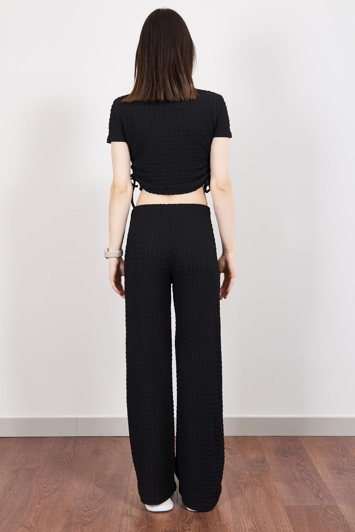 Siyah Büzgülü Crop ve Pantolon Takım