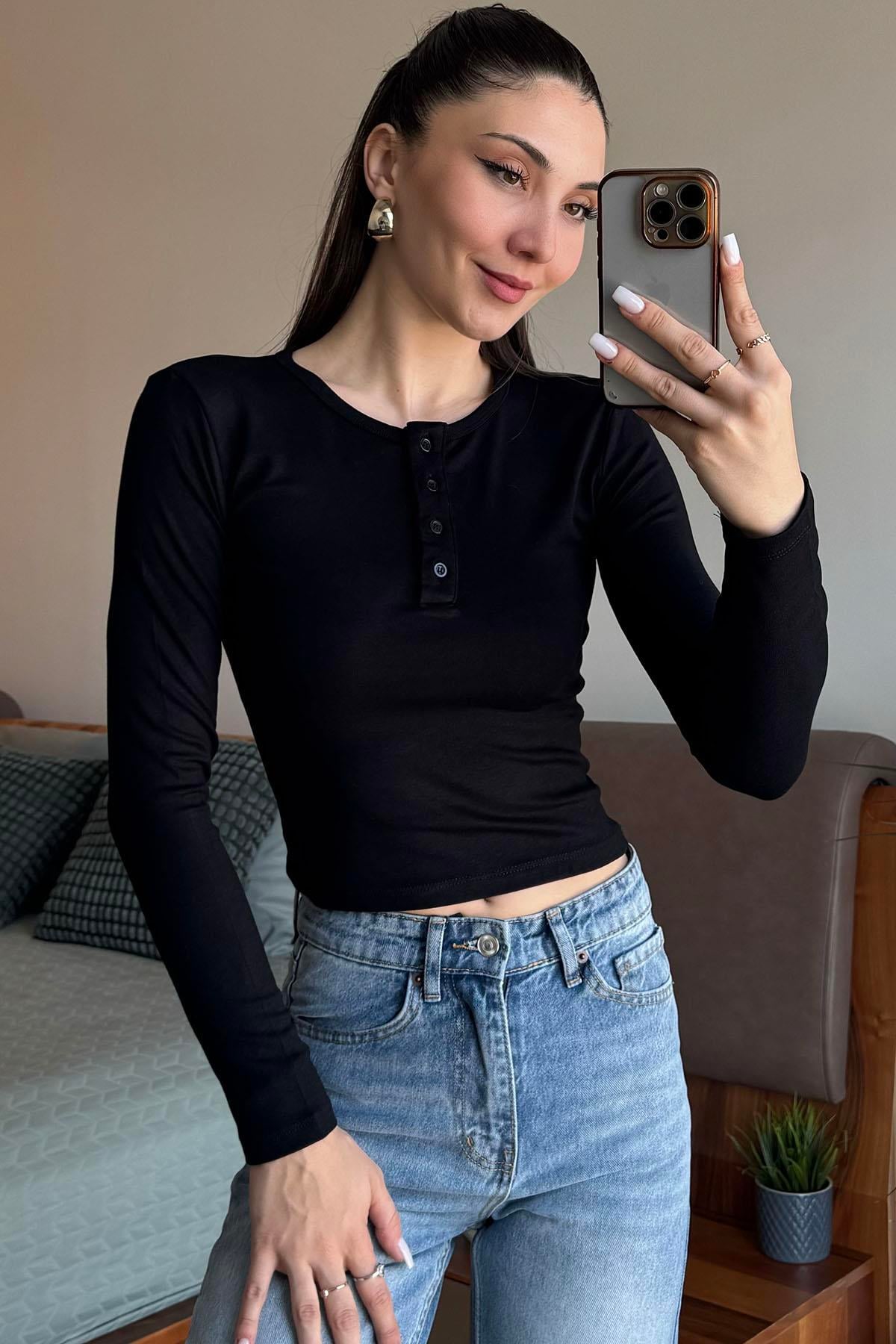 Siyah Buzzy Kumaş Patlı Body