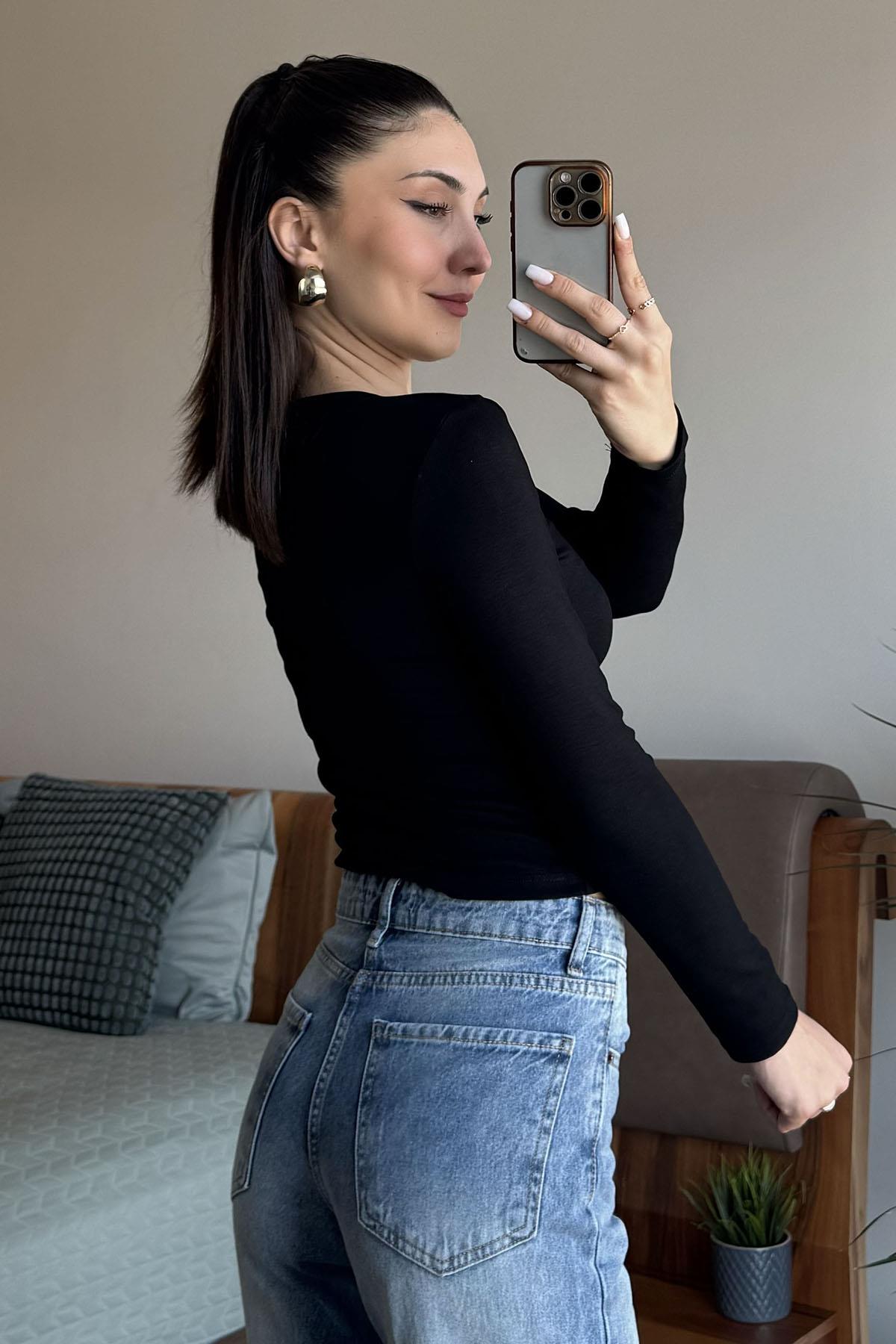 Siyah Buzzy Kumaş Patlı Body