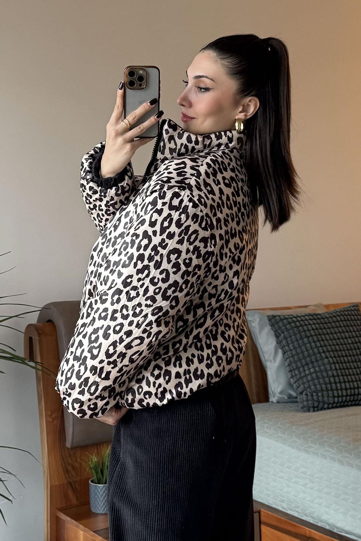 Siyah Çift Taraflı Leopar Mont
